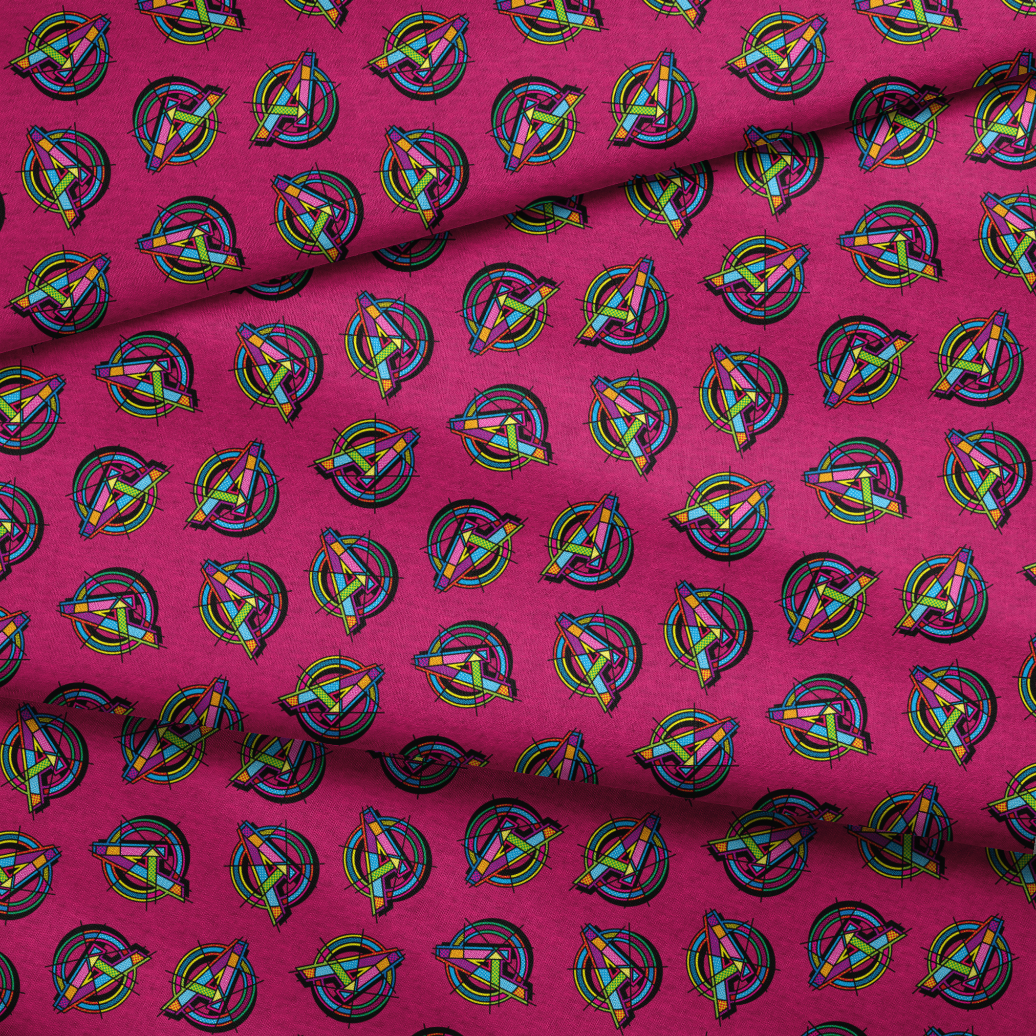 Vibrant Avengers pattern in neon colors on magenta background fabric fold mockup
