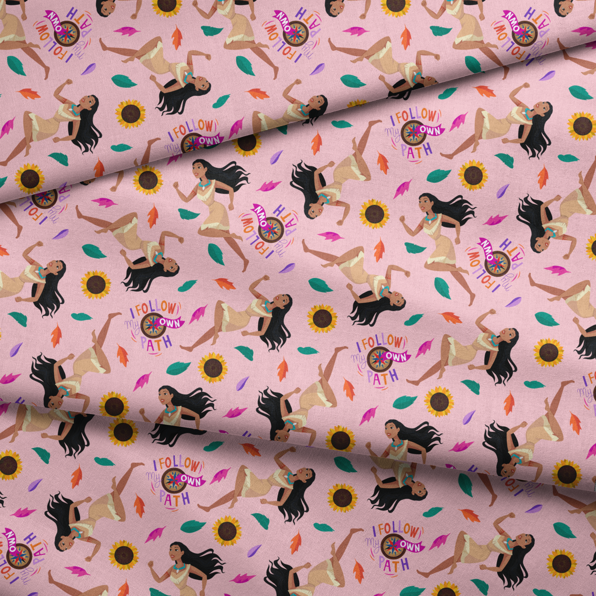 Colorful pattern with figures in relaxed poses, sunflowers, and text "Hi I Follow My Own Path" on pink background fabric fold mockup