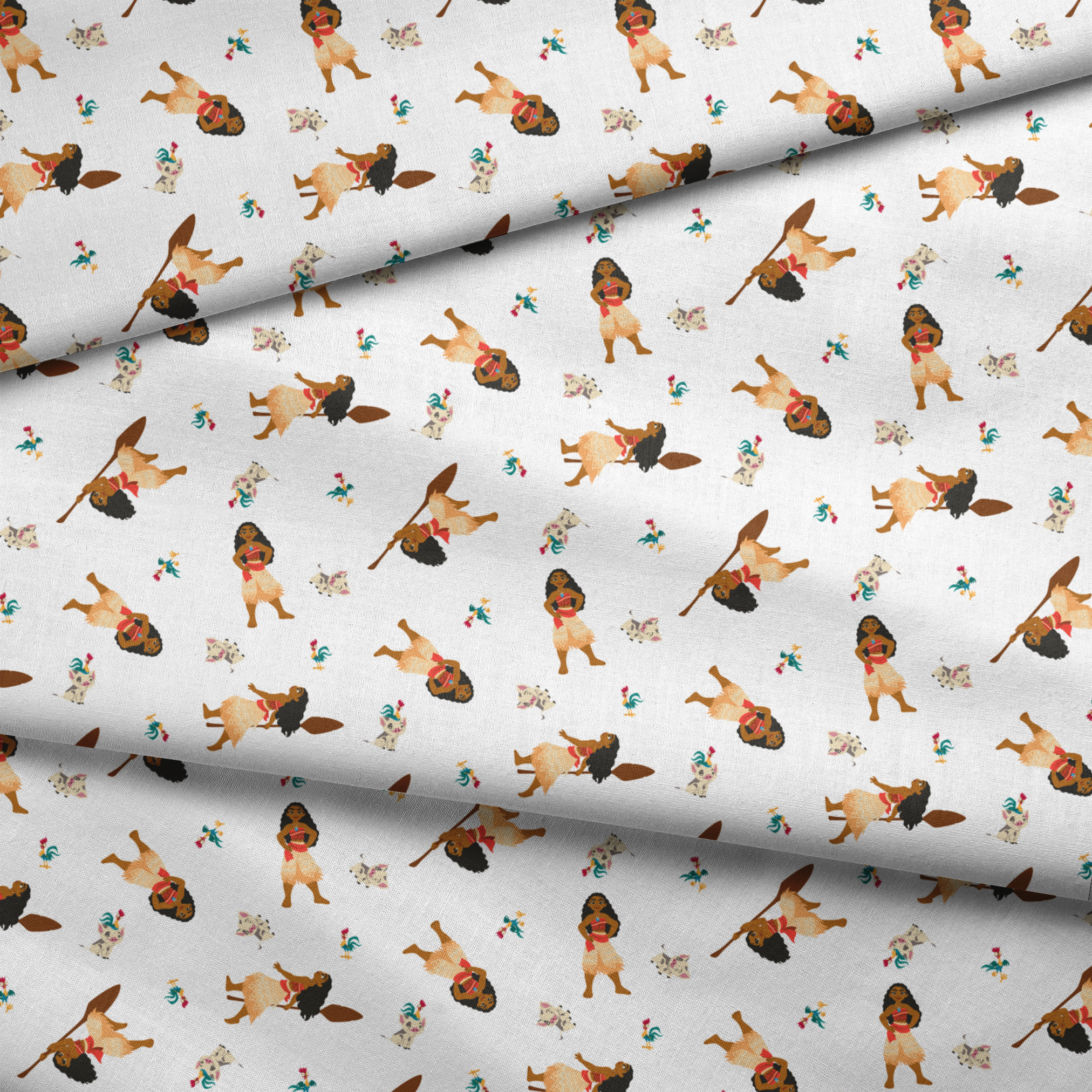 Moana pattern on white background with colorful cartoon animals in repeating design fabric fold mockup
