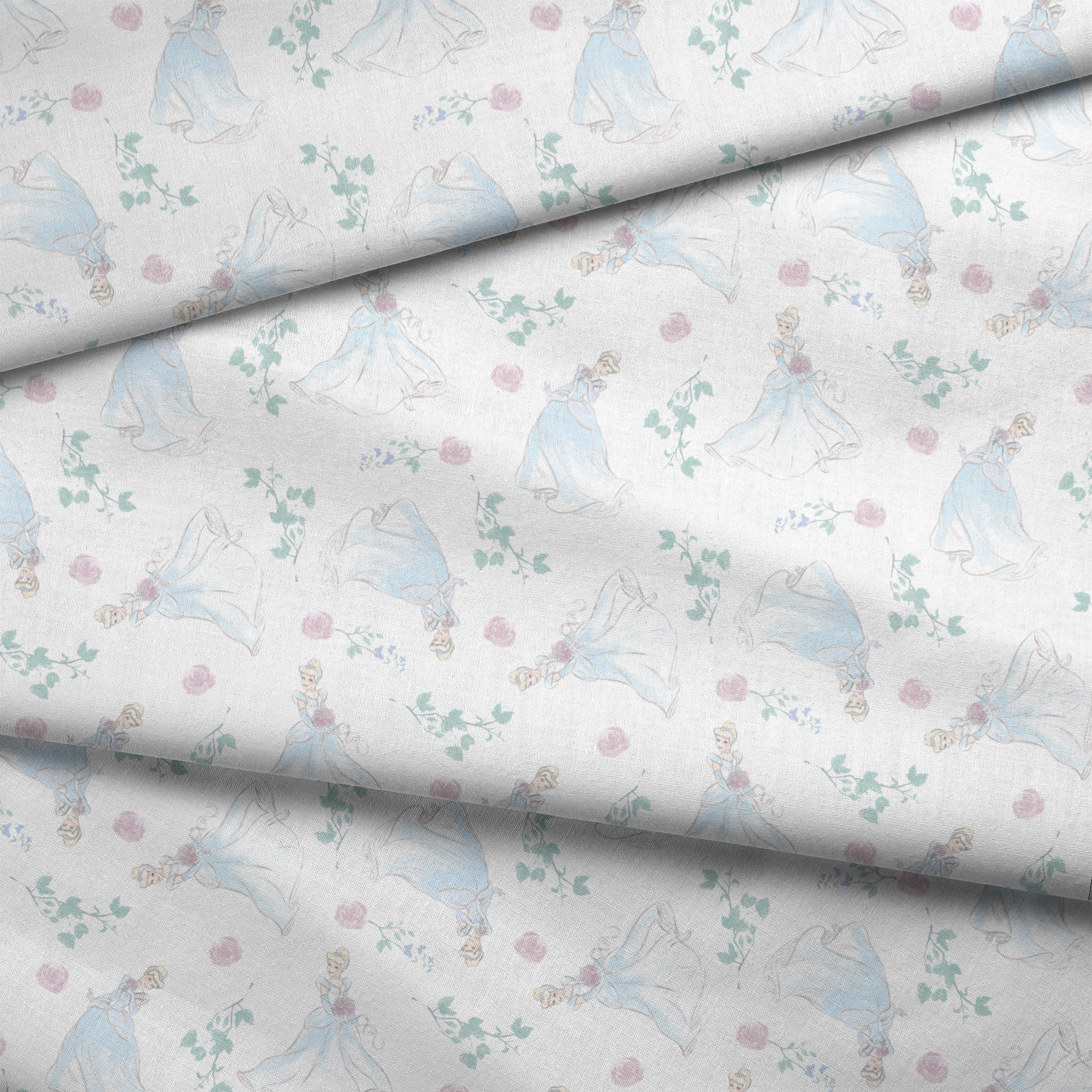 Delicate pattern of flowing blue dresses, pink roses, and mint green foliage on a light background fabric fold mockup