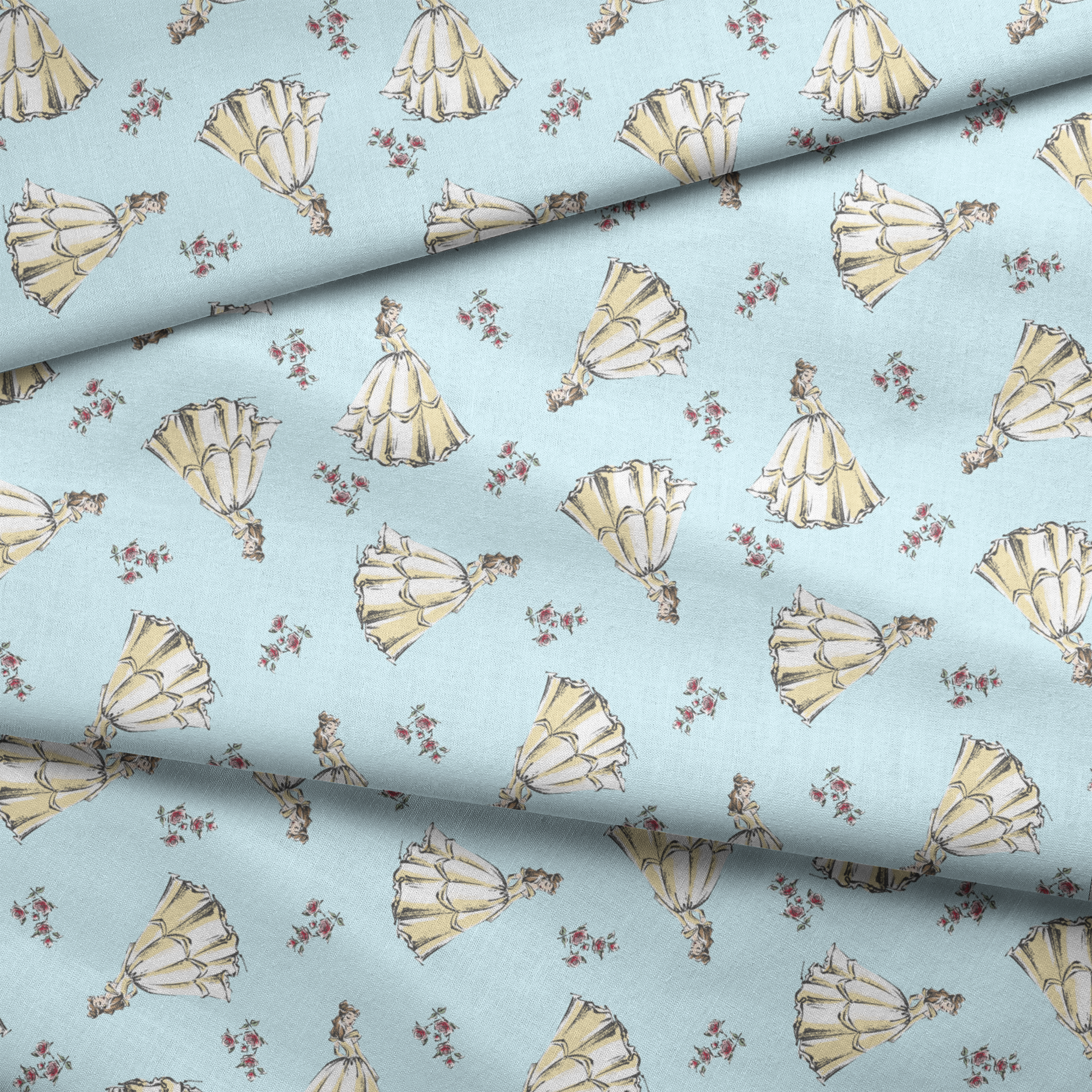 Light yellow pleated bell-shaped objects with small pink floral accents scattered on pale blue background fabric fold mockup