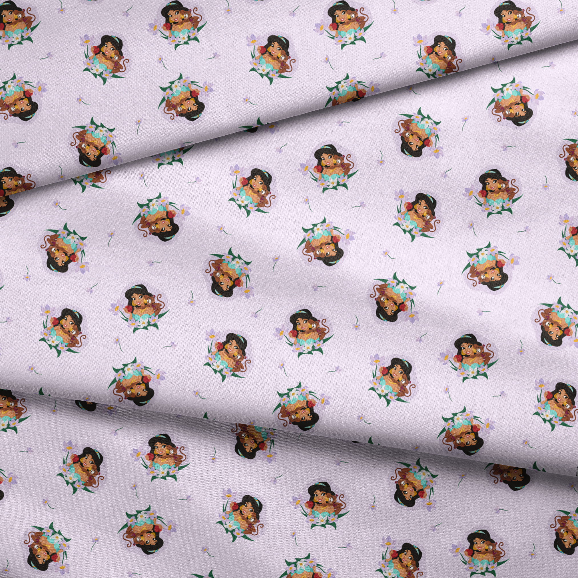 Cartoon pattern of Princess Jasmine with tiger cub surrounded by flowers on light pink background fabric fold mockup