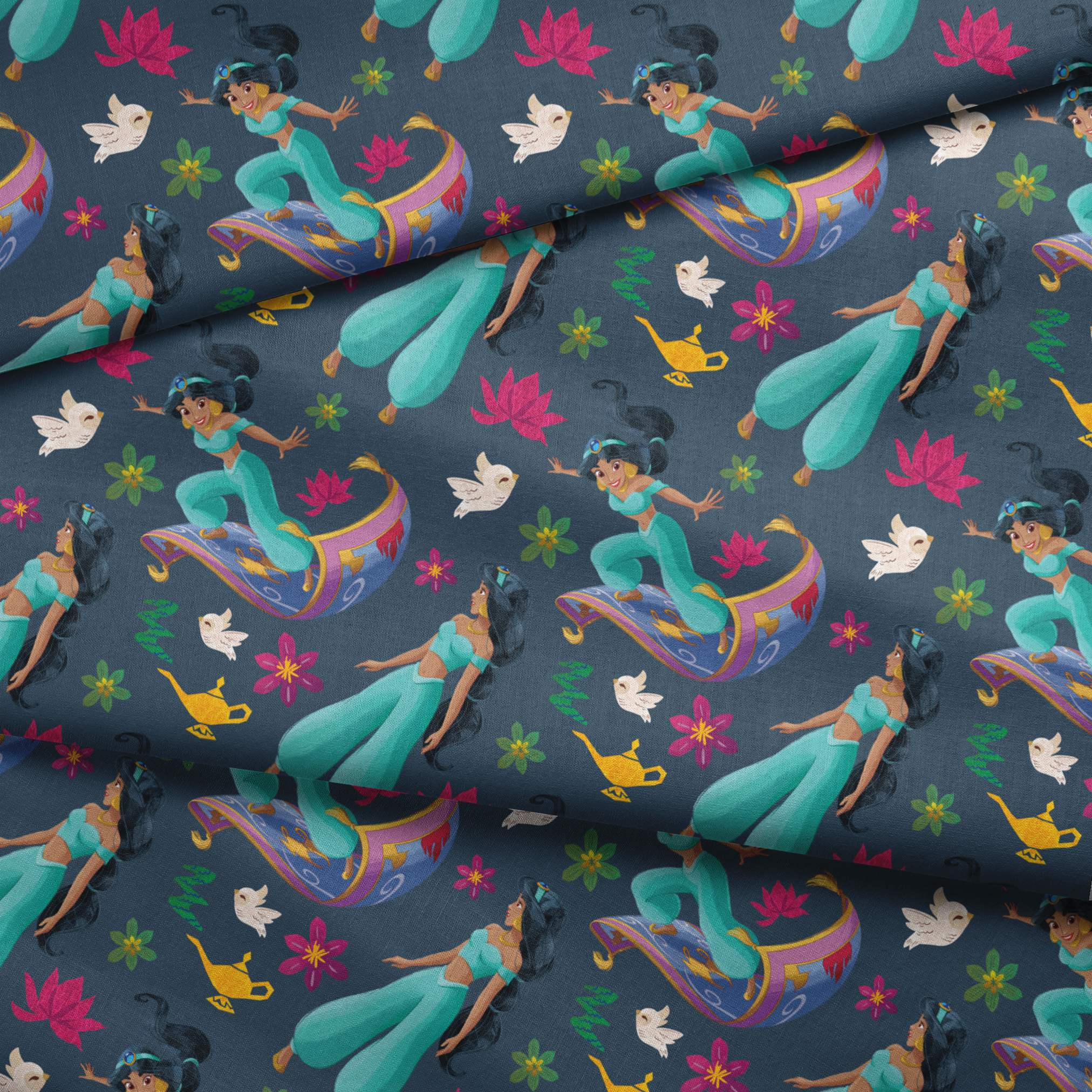 Animated characters in turquoise outfits flying on magic carpets with white doves, lotus flowers, and a golden lamp against dark background. fabric fold mockup