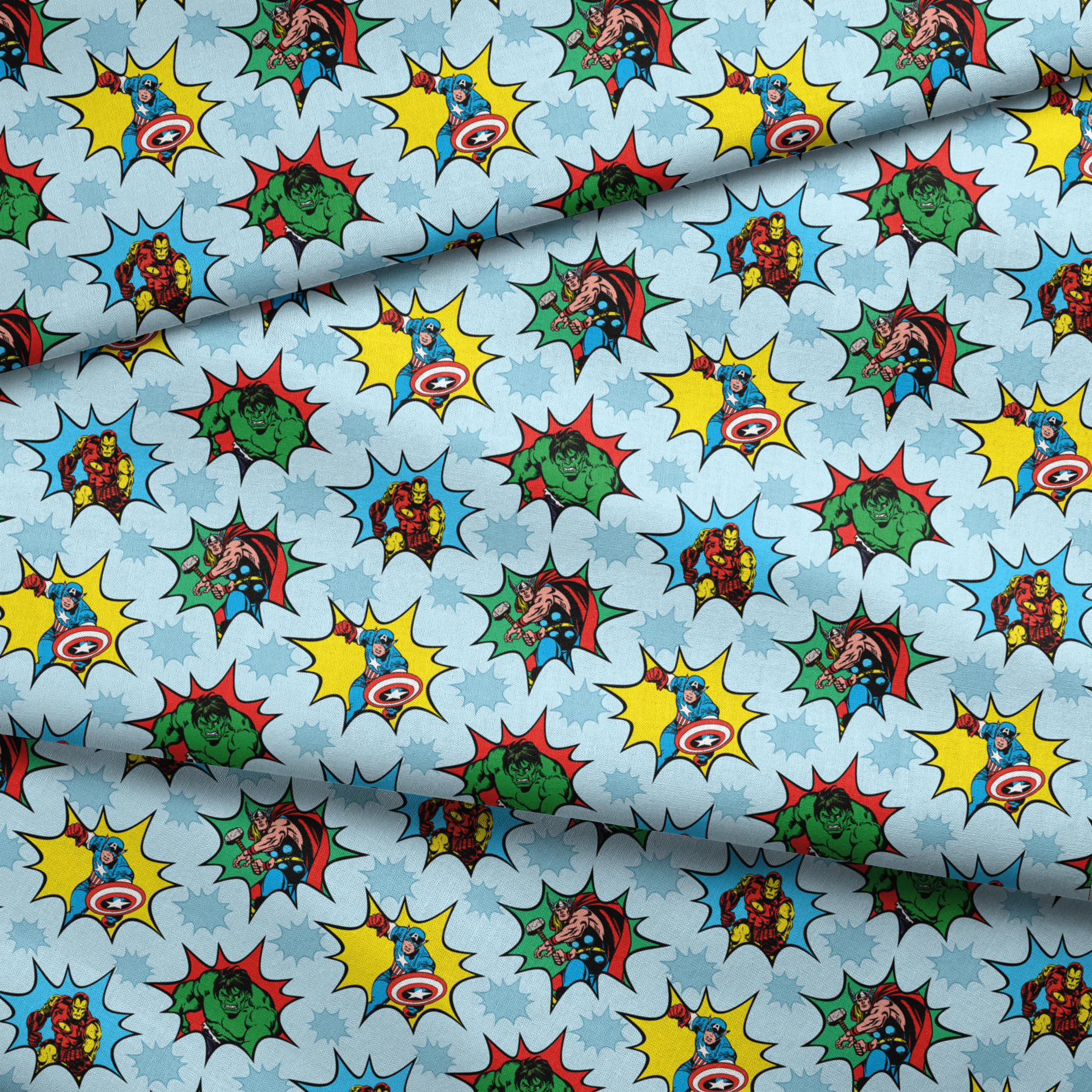 Marvel superhero pattern with Captain America, Iron Man, and Hulk in colorful burst designs on a blue background. fabric fold mockup