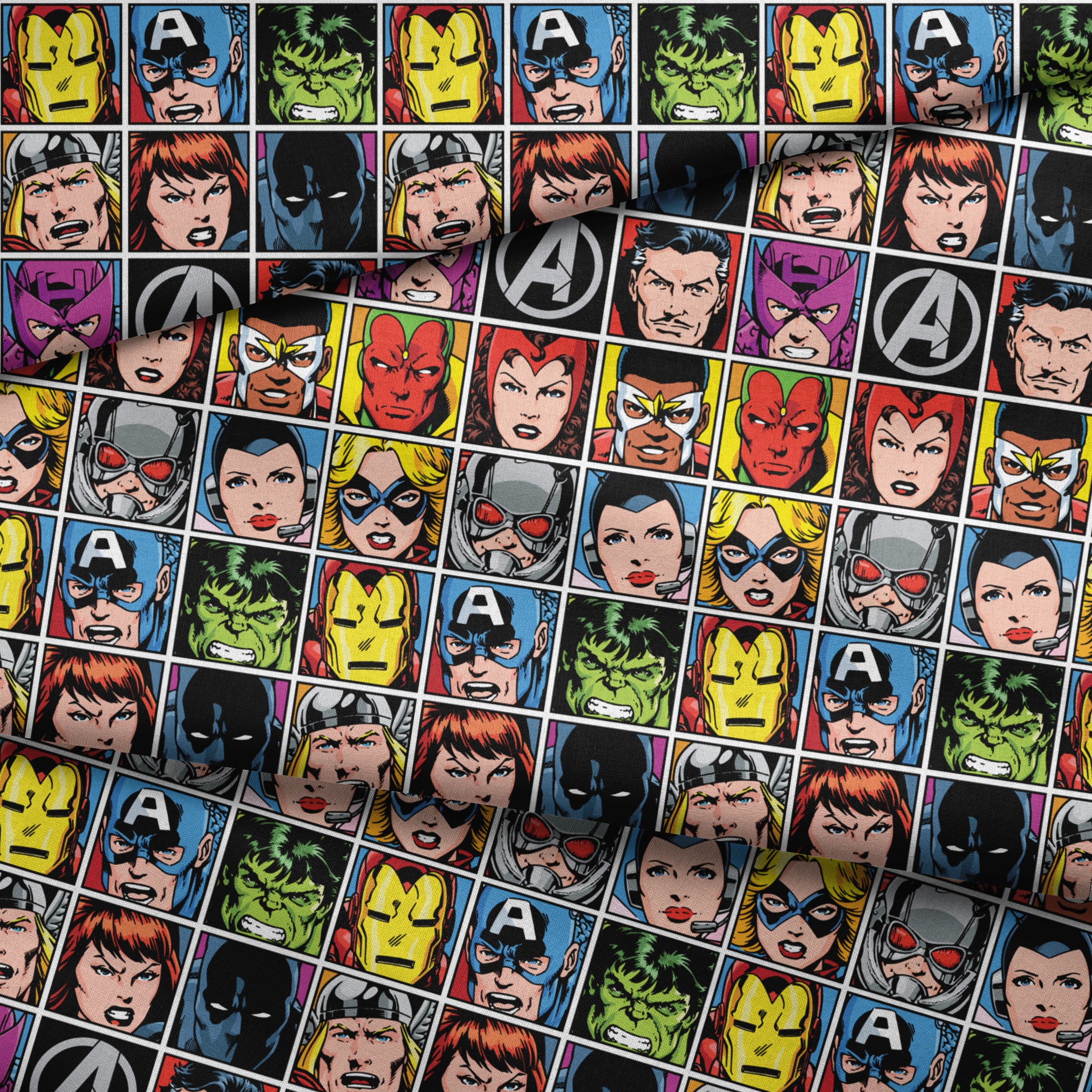 Marvel Avengers character portraits in comic style grid with colorful backgrounds showing superheroes and their iconic looks. fabric fold mockup