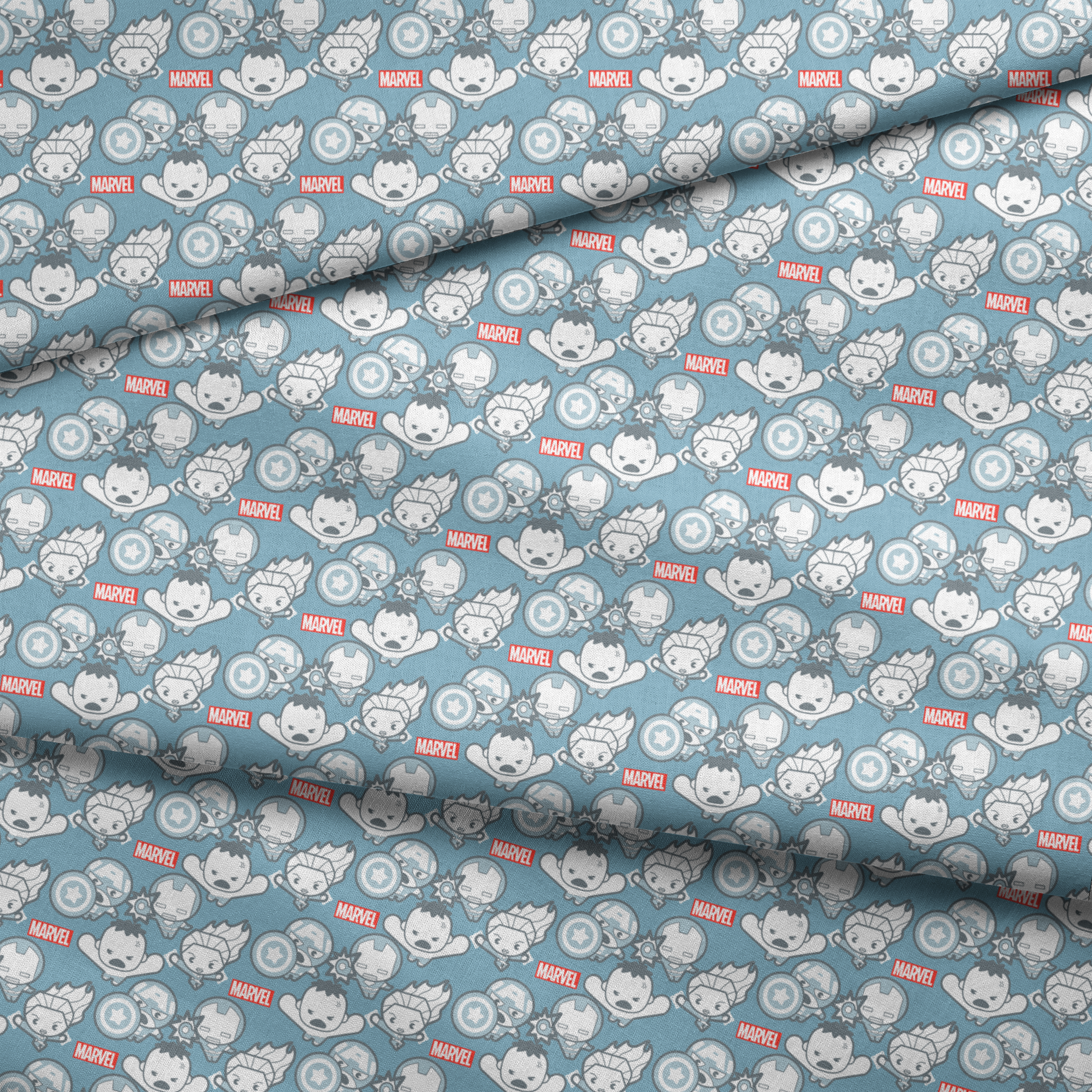 Marvel kawaii superhero pattern with cartoon characters, shields, and gear symbols on blue background fabric fold mockup