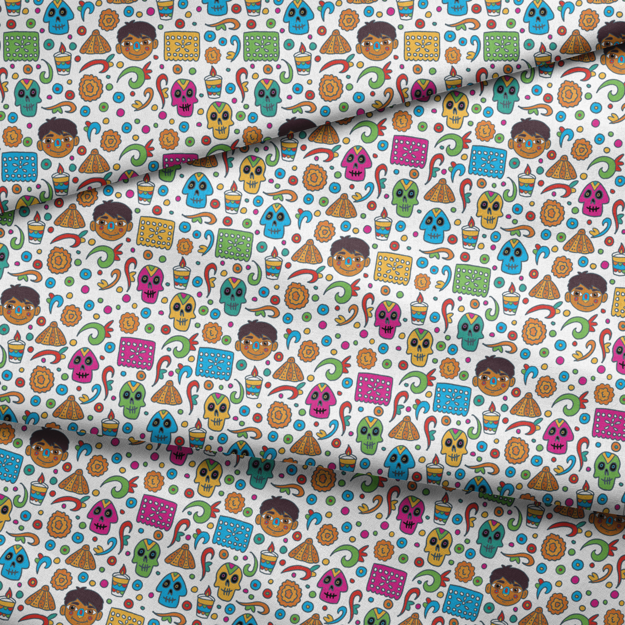 Colorful Coco pattern with sugar skulls, pyramids, swirls, flowers, and cartoon characters on white background fabric fold mockup