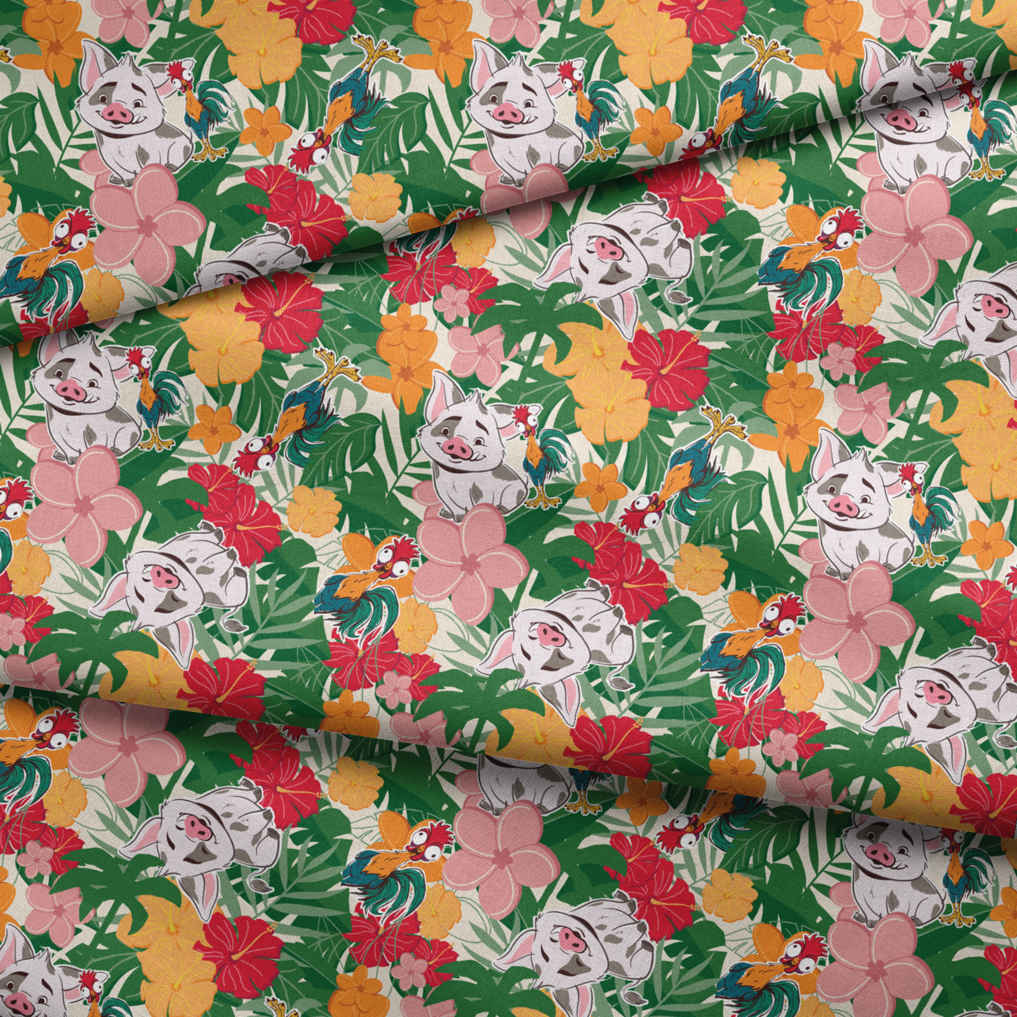 Cartoon pigs peeking through vibrant tropical flowers in red, orange, yellow, and pink among green foliage fabric fold mockup