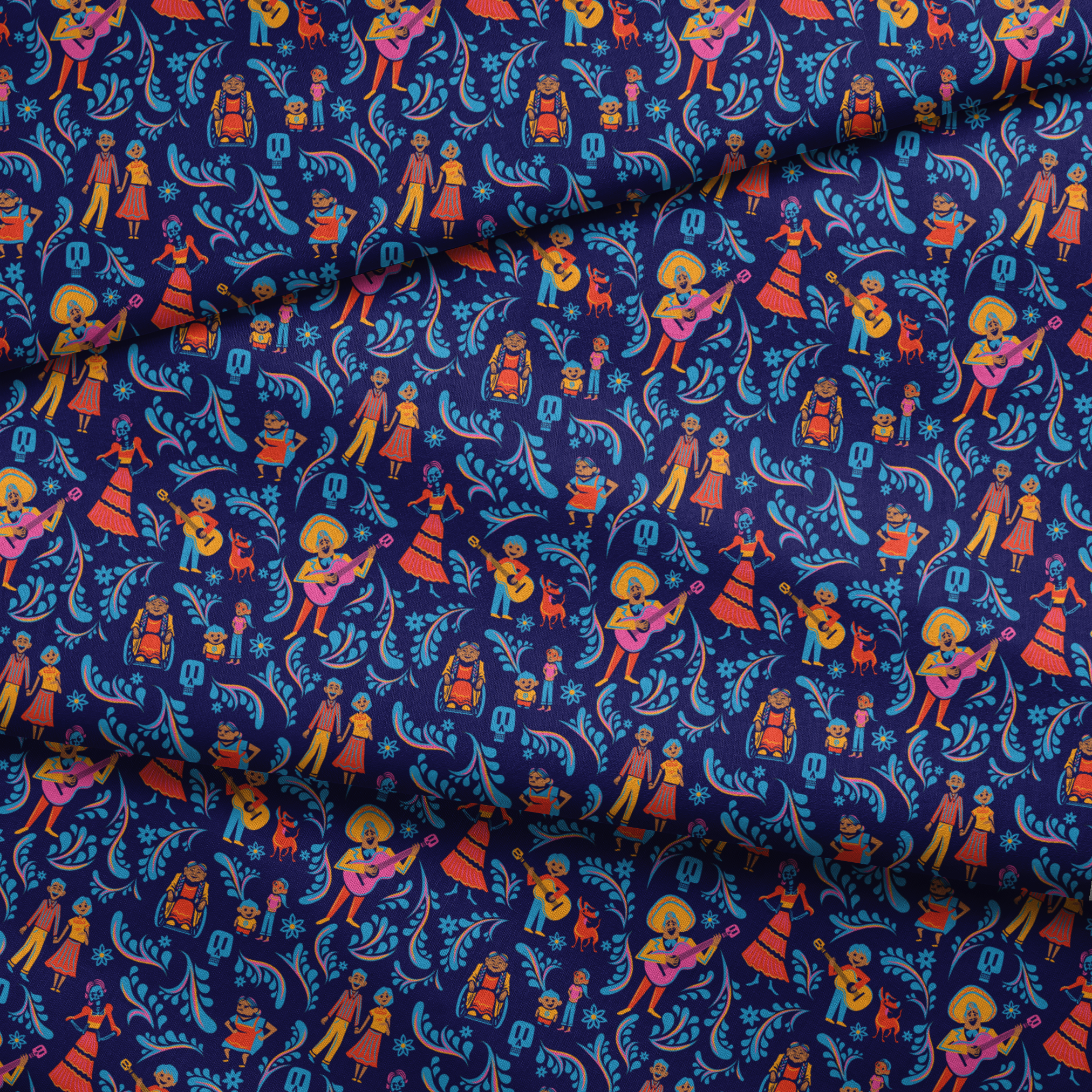 Colorful Coco folk art pattern with figures playing guitars, dancing, and blue skulls on dark background fabric fold mockup