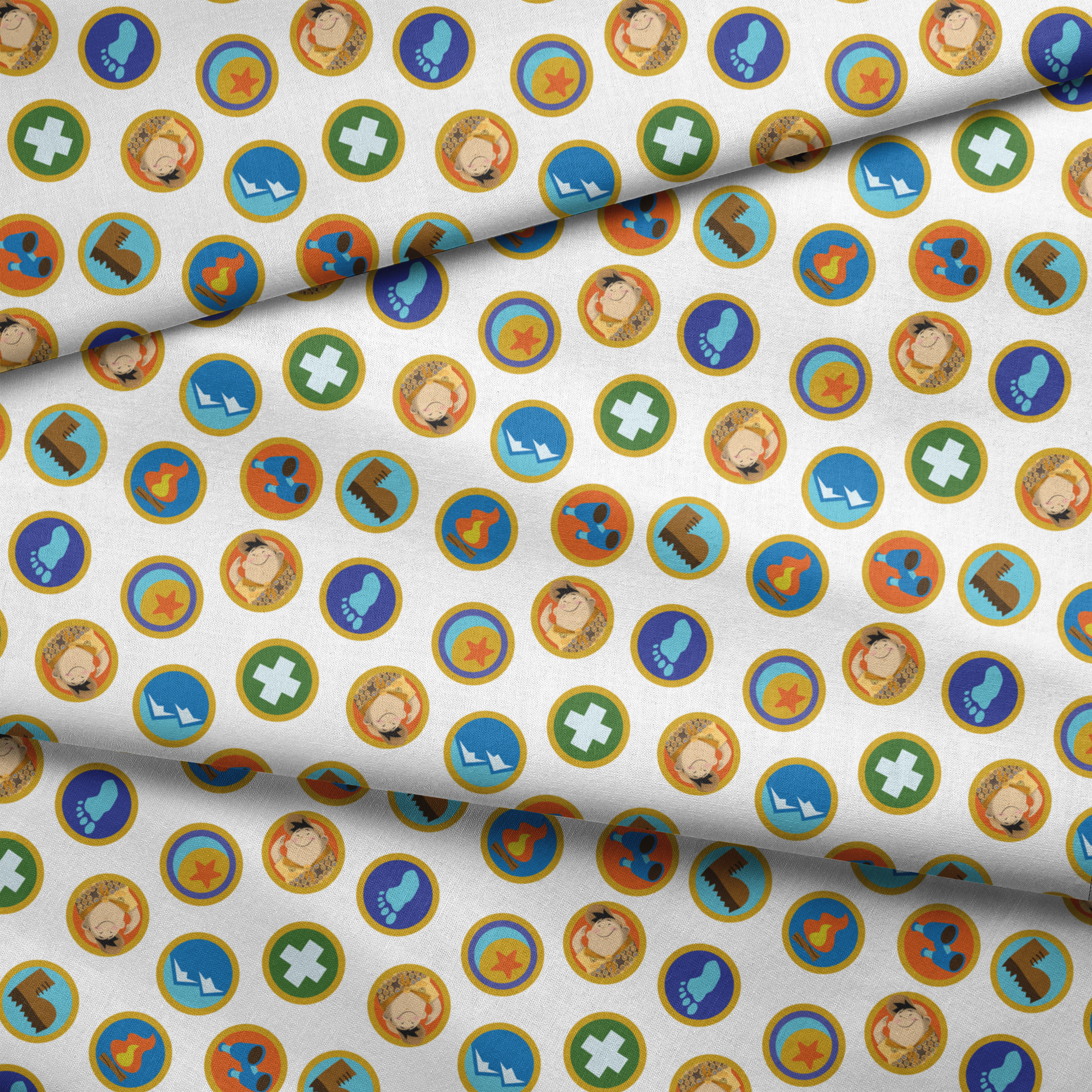 Colorful Up-inspired circular badges with outdoor adventure symbols including footprint, star, first aid cross, boots, and hiking equipment. fabric fold mockup