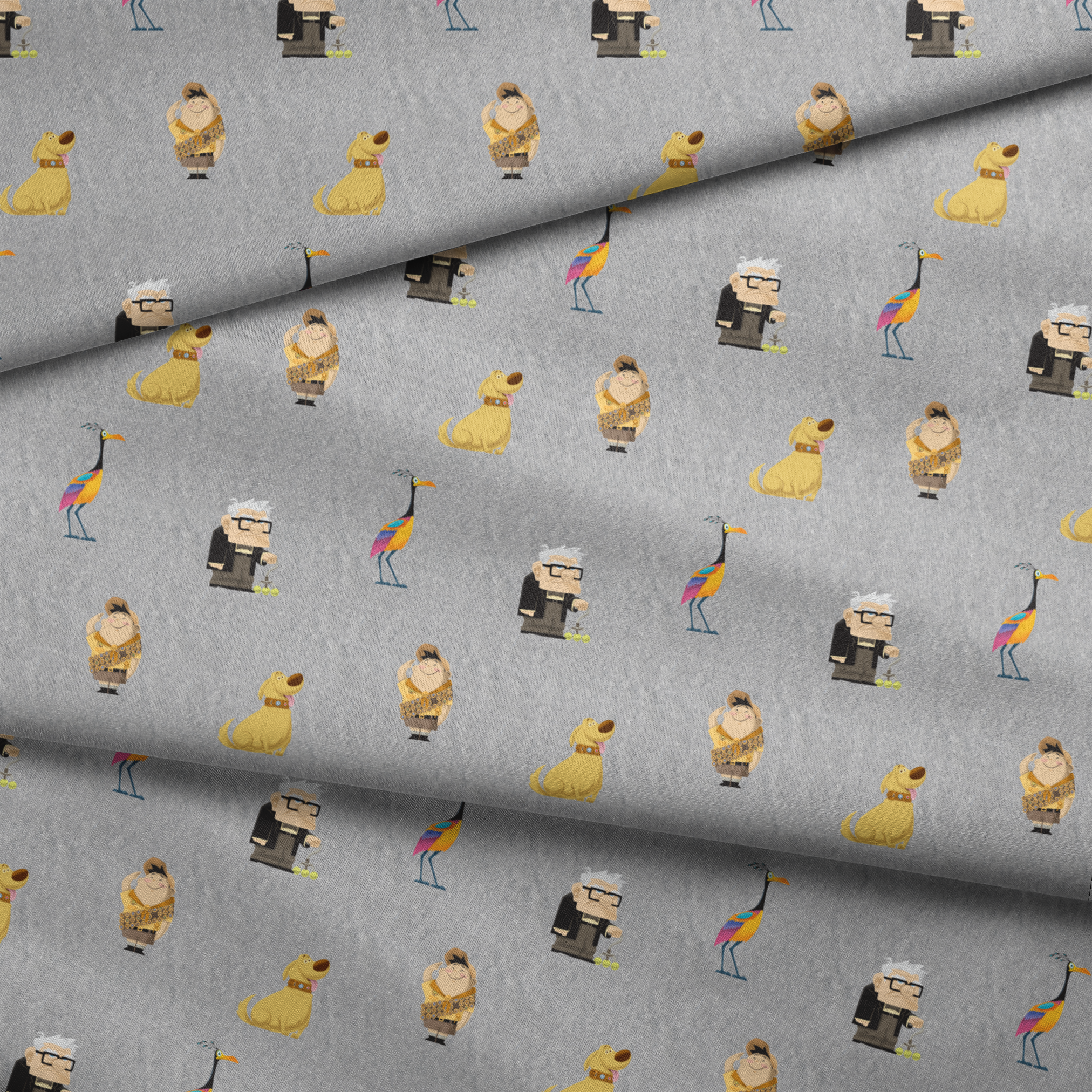 Up pattern with wilderness explorer characters, yellow birds, and colorful details on gray background fabric fold mockup