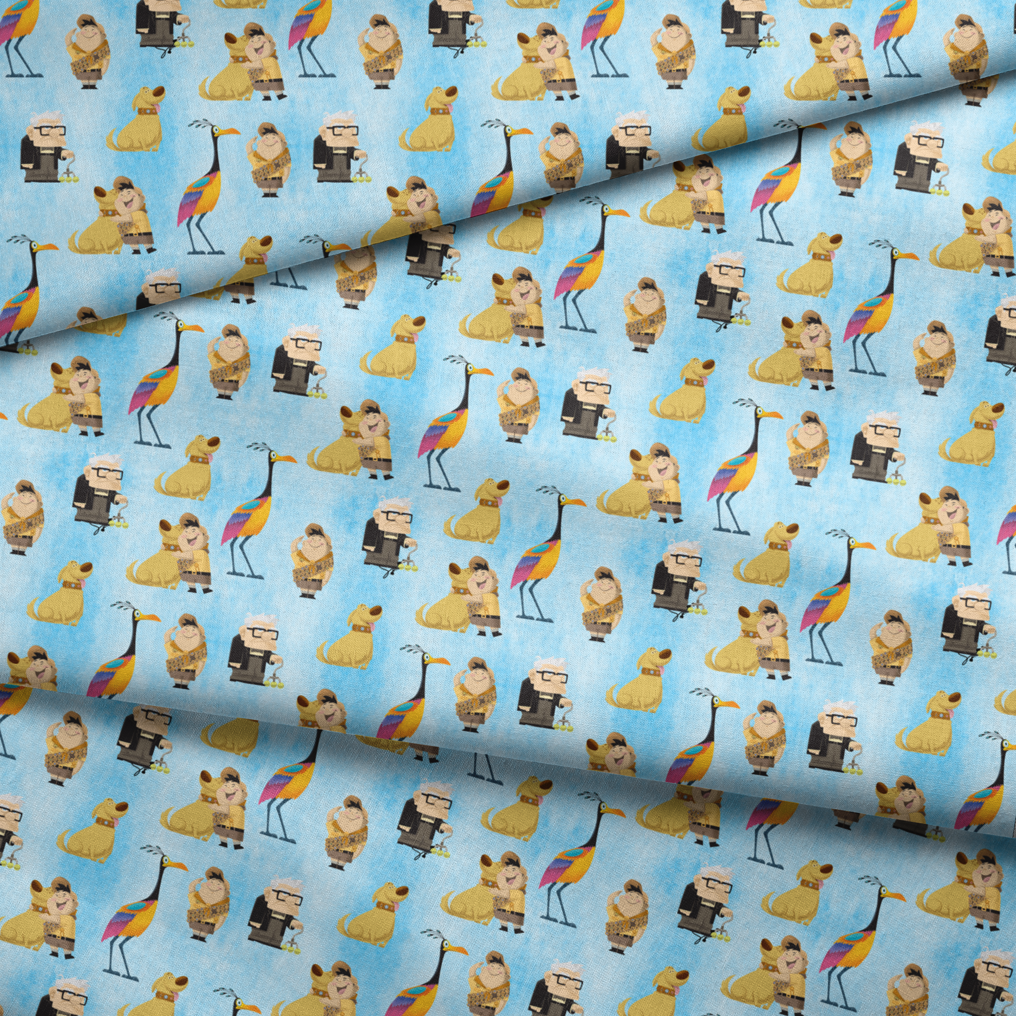Colorful Up-inspired pattern with cartoon characters including elderly man, explorer, golden dog, and tropical bird on light blue background fabric fold mockup