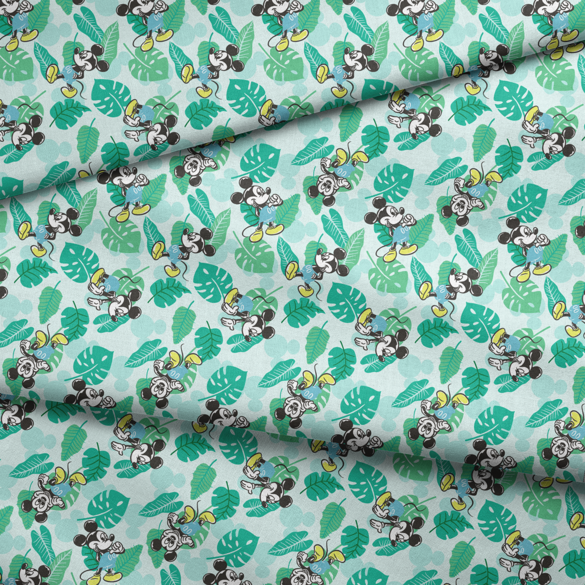 Colorful pattern with cartoon mice characters and tropical green leaves on a light blue background fabric fold mockup