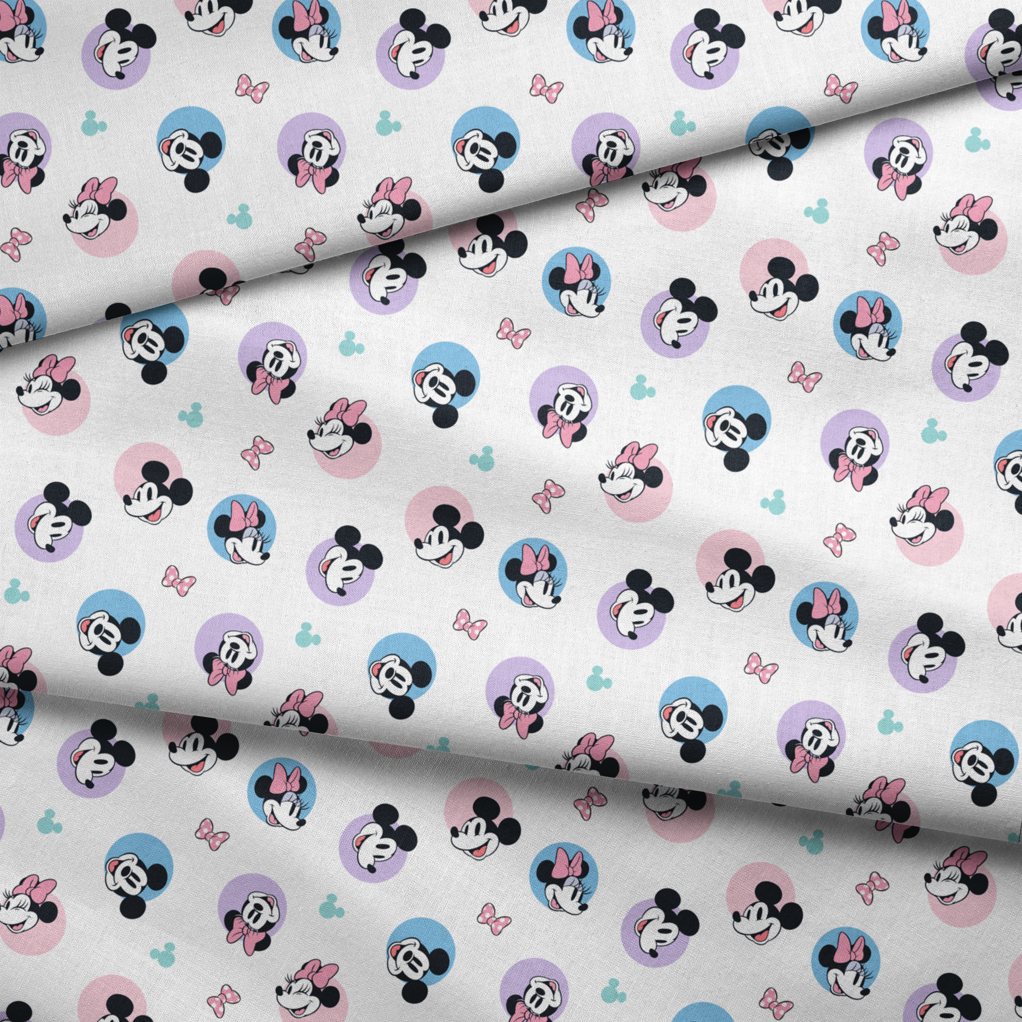 Disney Mickey and Minnie Mouse pattern with character heads on pastel circles, pink bows, and small Mickey icons fabric fold mockup