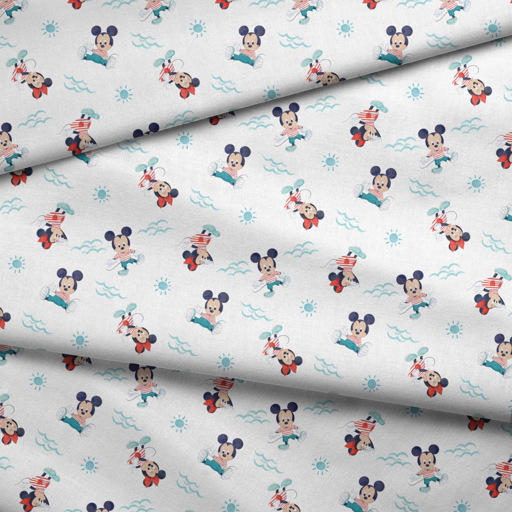 Mickey Mouse pattern with characters in various poses, blue waves and suns on white background, nautical theme fabric fold mockup