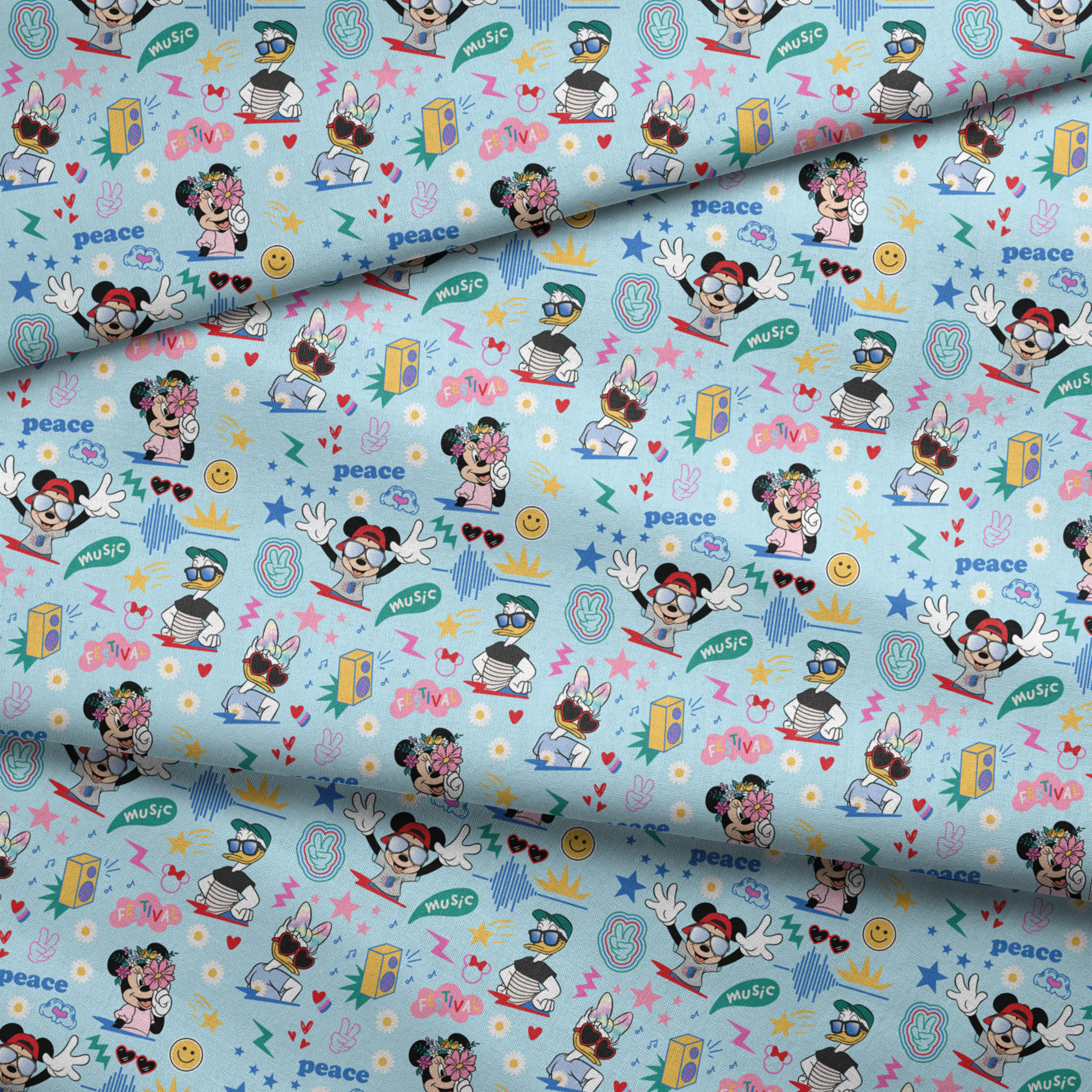 Colorful cartoon pattern with Disney characters, peace signs, stars, and music motifs on light blue background. fabric fold mockup