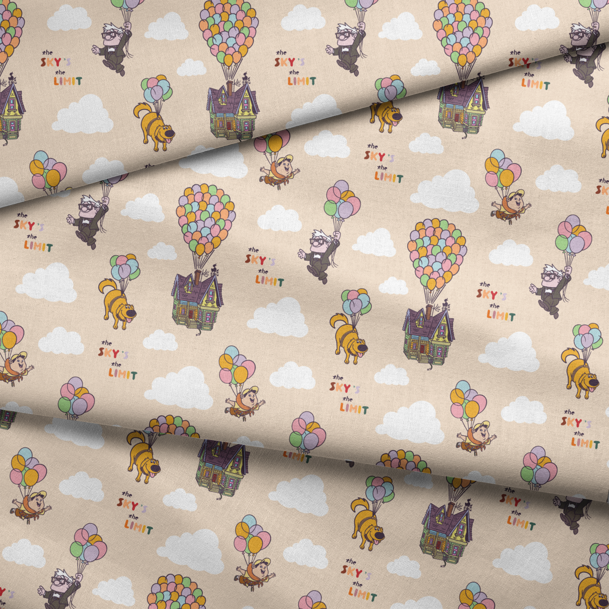 Pixar Up's characters floating with colorful balloons against beige sky with "sky's the limit" text fabric fold mockup