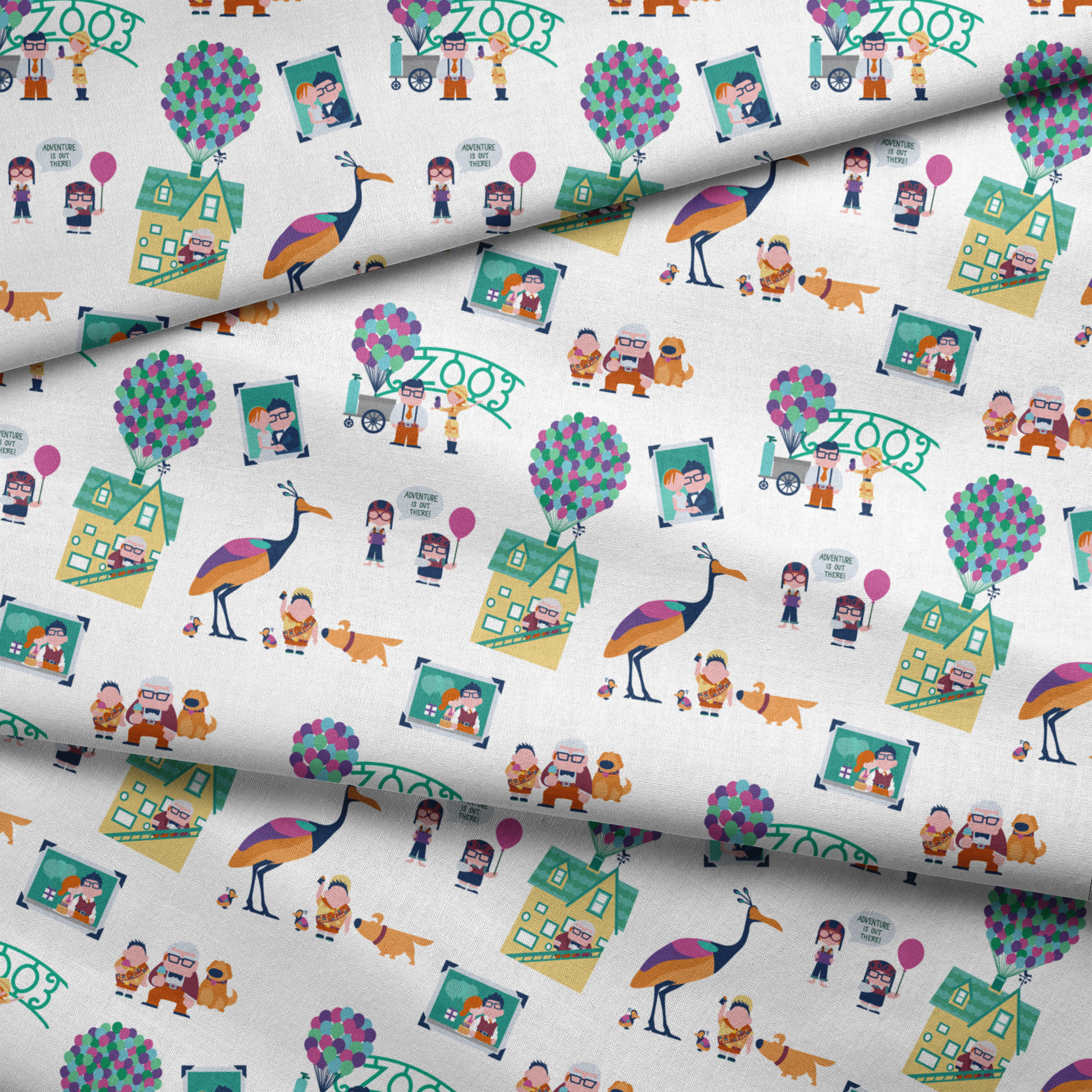 Colorful illustrated Up-inspired zoo pattern with cartoon characters, houses with balloons, peacocks, and family portraits on white background. fabric fold mockup