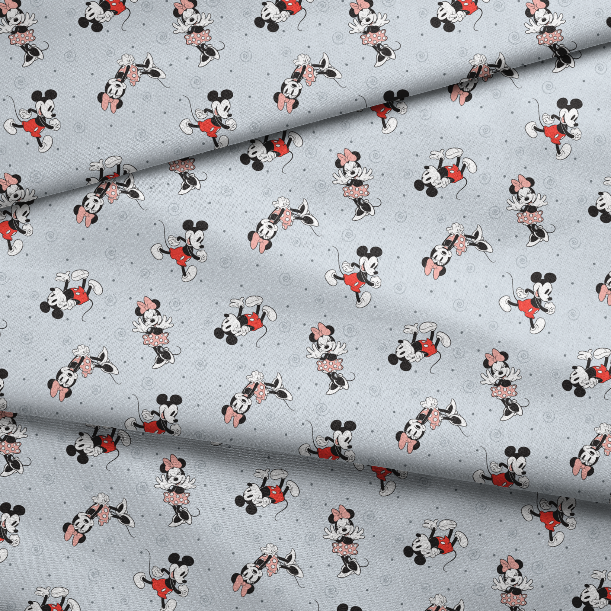 Classic Minnie and Mickey Mouse pattern with characters in various poses on light blue background with swirls fabric fold mockup