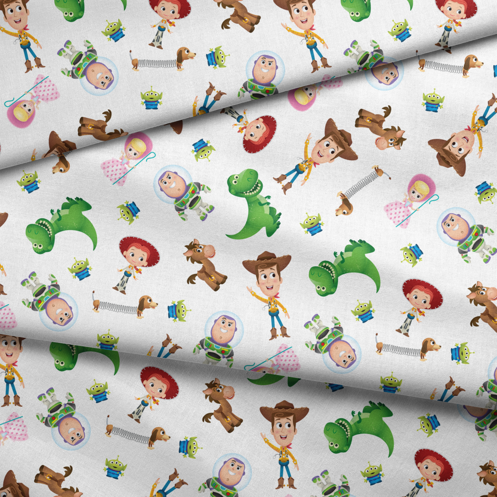 Toy Story character pattern with Woody, Buzz, Jessie, Rex, Slinky Dog and aliens on white background fabric fold mockup