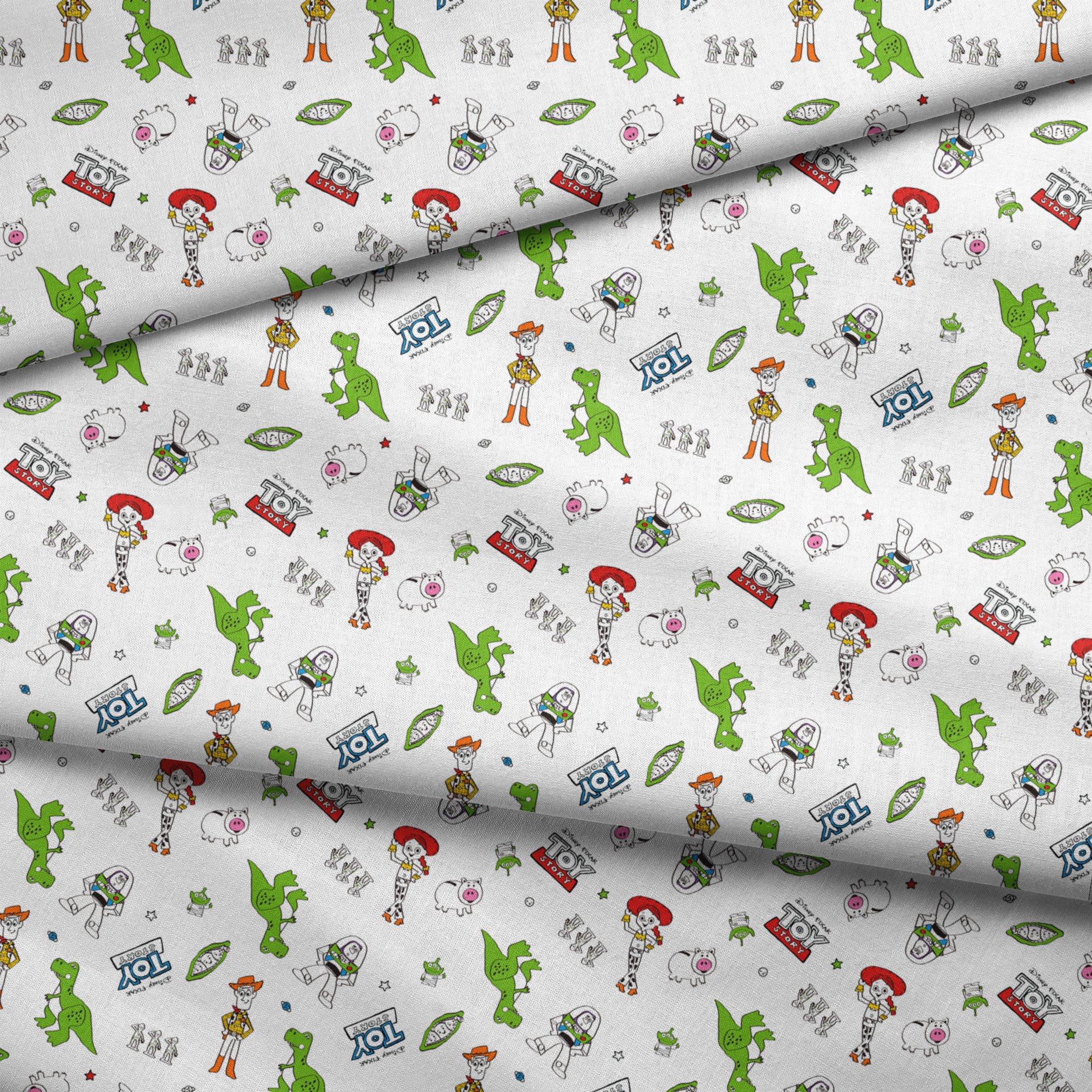 Toy Story pattern with Rex, Buzz, Woody, and alien characters scattered on white background fabric fold mockup