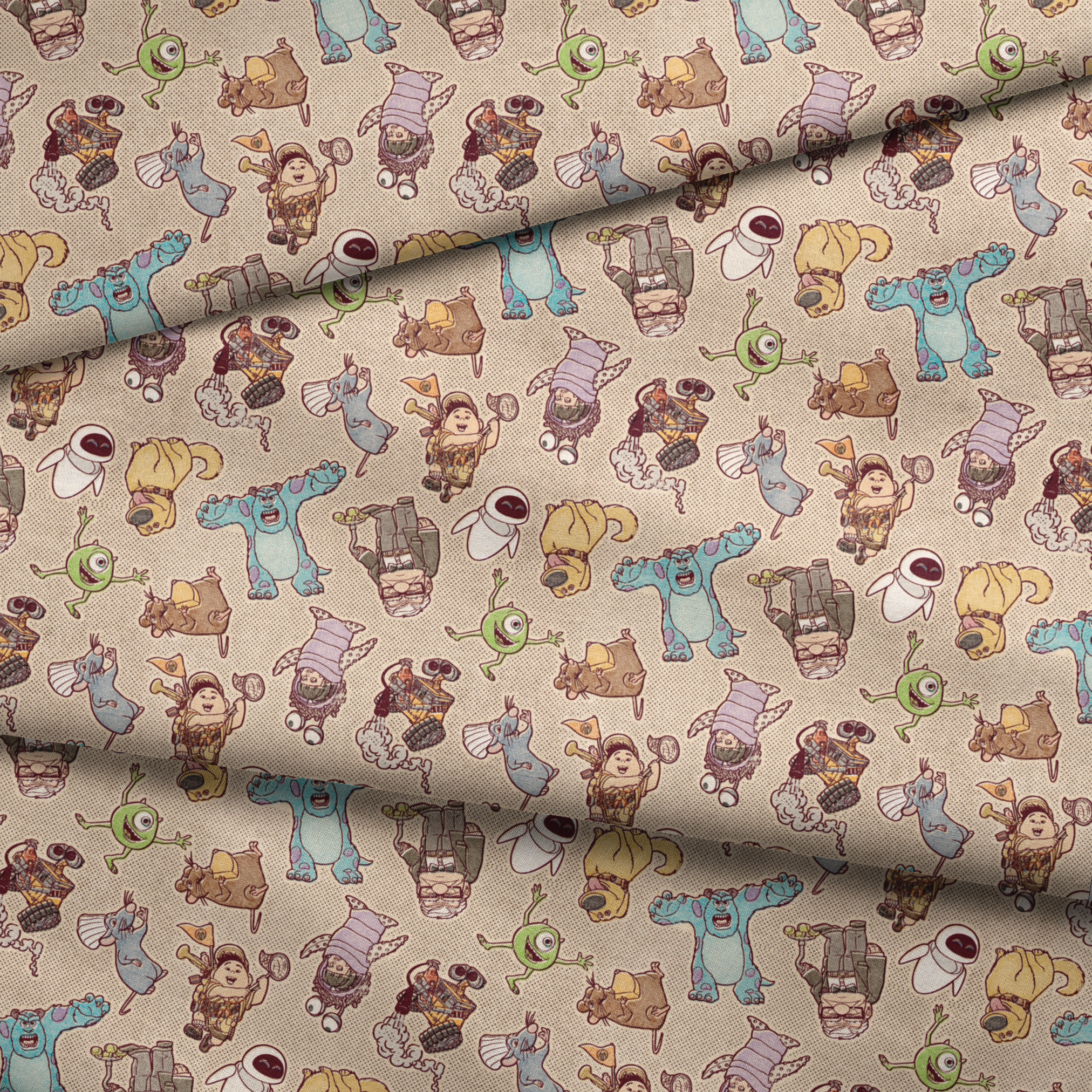 Cute cartoon pattern of Pixar characters including Wall-E, Sulley, and other characters on beige background fabric fold mockup