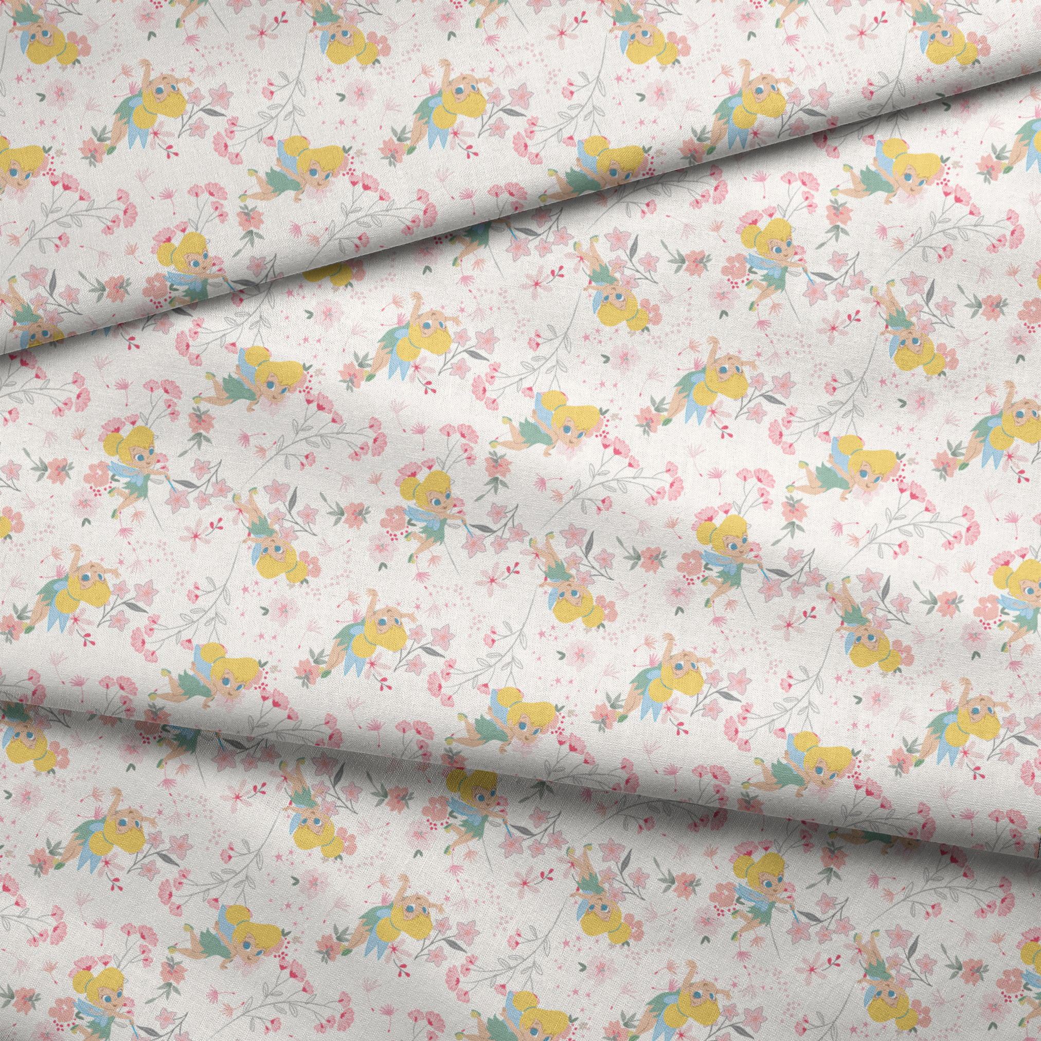 Whimsical pattern with Tinker Bell among pink flowers and green leaves on white background fabric fold mockup