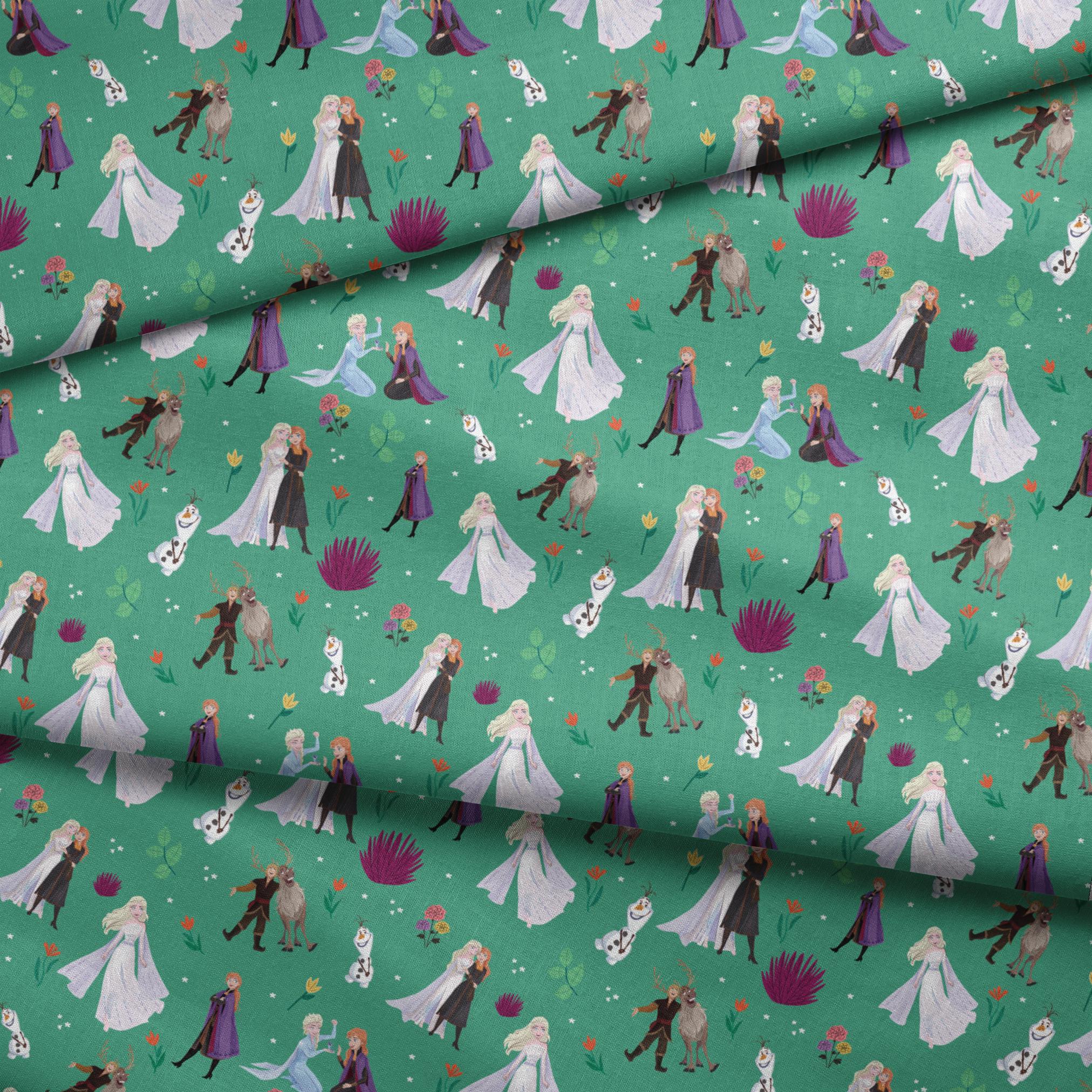 Pattern of animated characters from Frozen including Olaf the snowman, characters in formal attire, and colorful flowers on a green background. fabric fold mockup