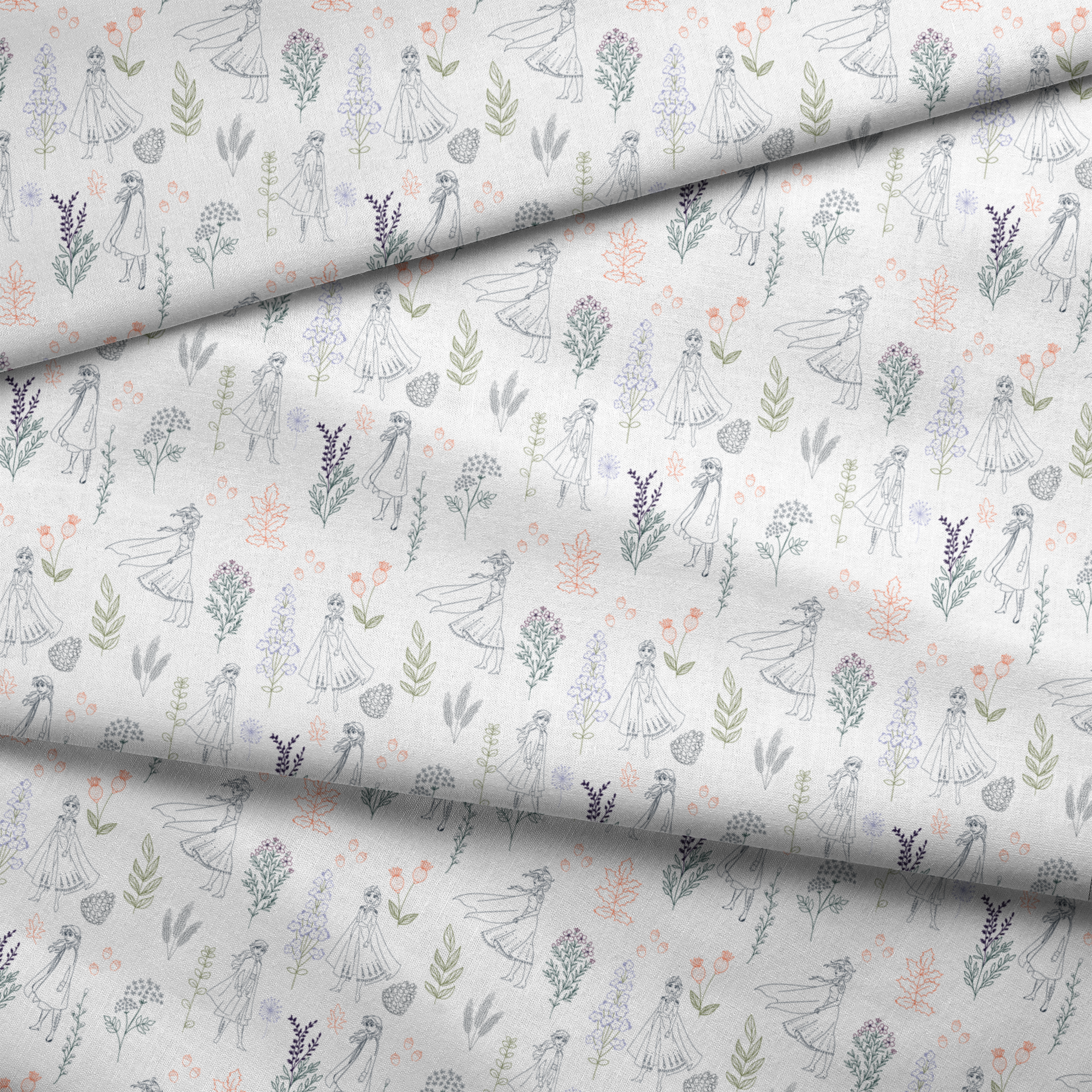 Delicate line drawing pattern of Elsa and Anna among botanical illustrations and flowers in soft colors fabric fold mockup