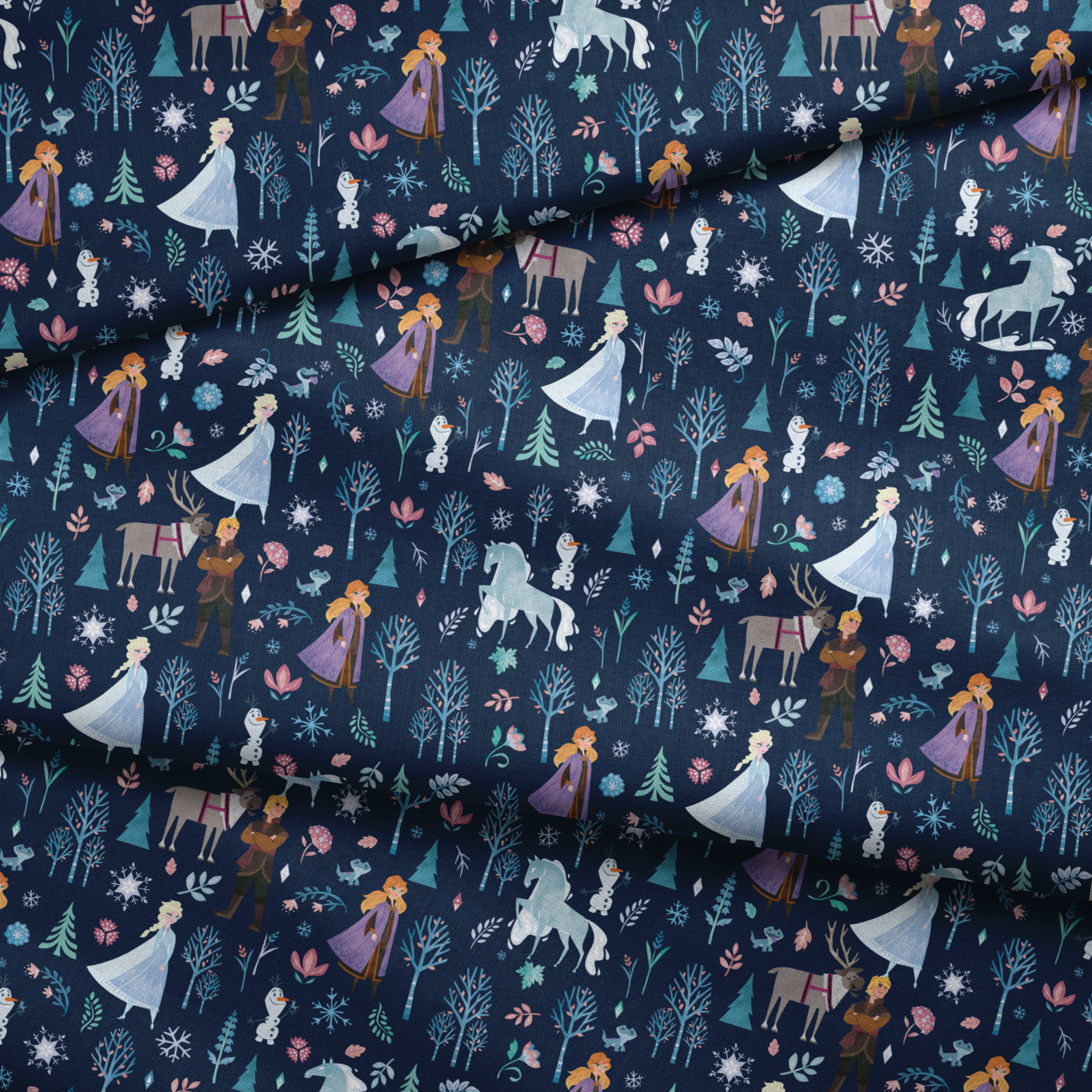 Illustrated Frozen pattern with Elsa, Anna, & friends, and floral elements on dark blue background fabric fold mockup