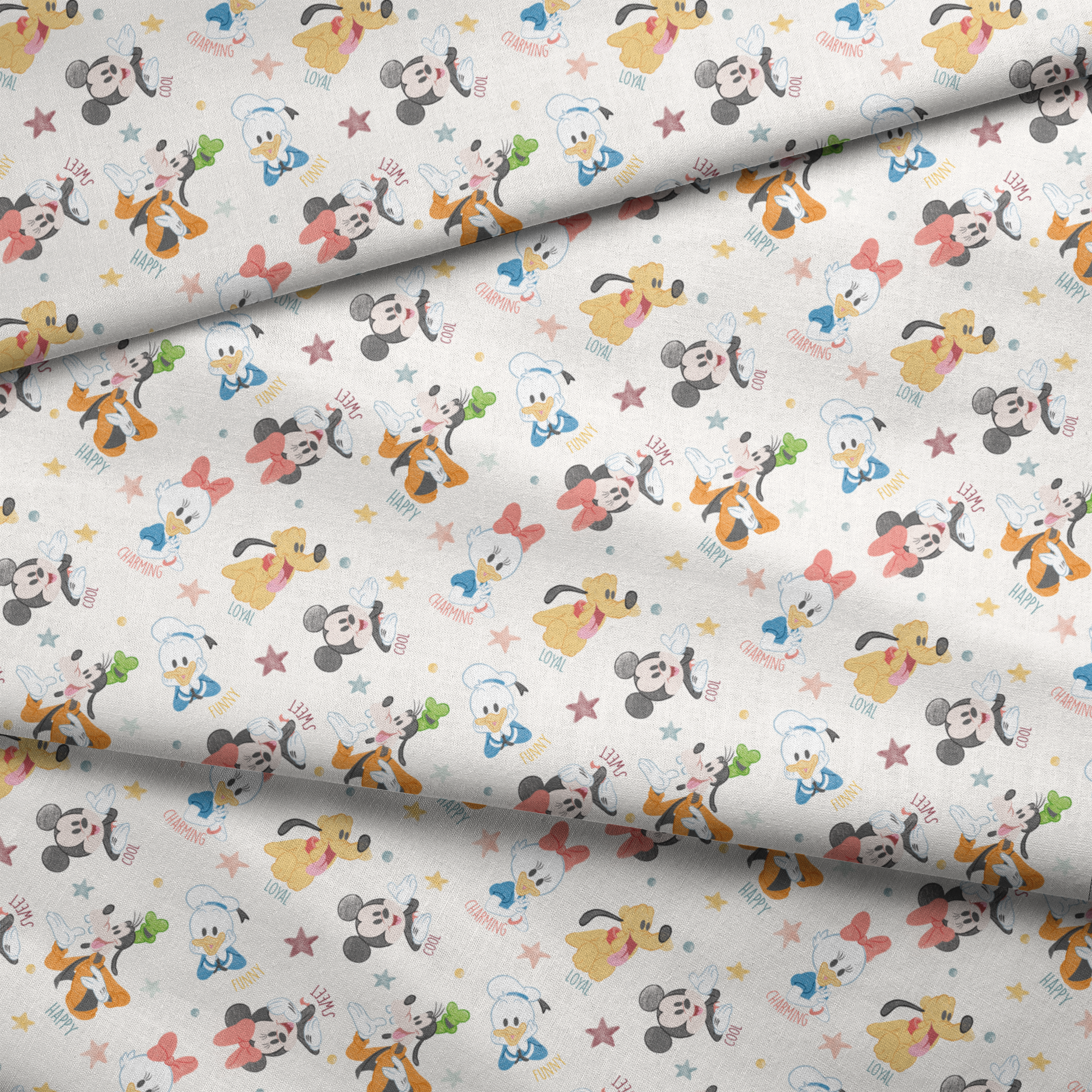 Colorful Disney character pattern with Mickey, Minnie, Donald, Pluto and stars on white background fabric fold mockup