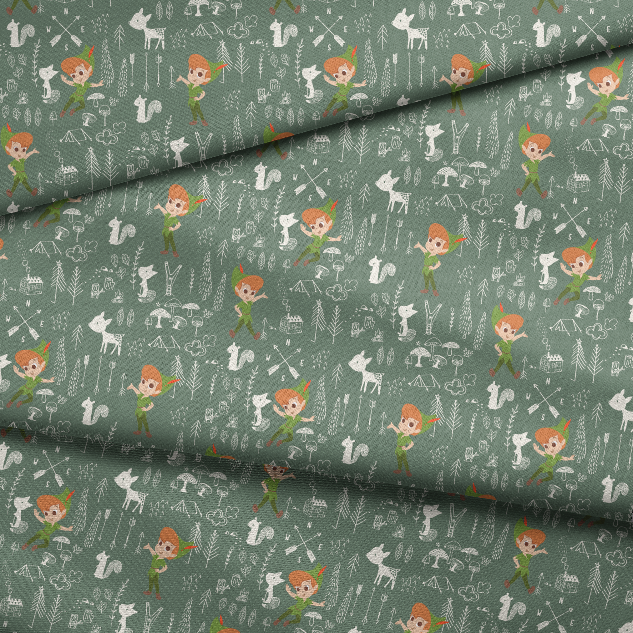 Illustrated forest pattern with cartoon characters in green outfits, white animals, and woodland elements on sage background. fabric fold mockup