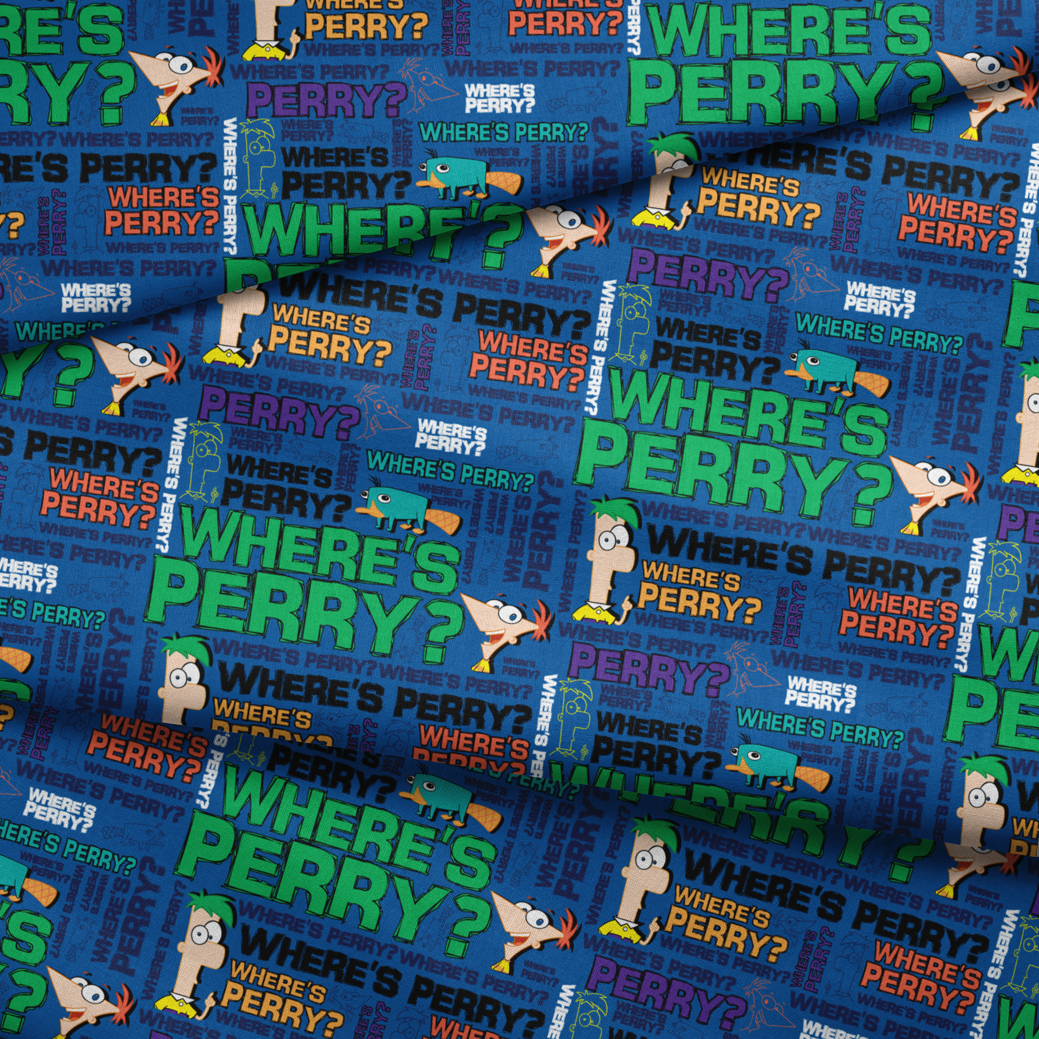 Phineas & Ferb pattern with "WHERE'S PERRY?" text repeated in various colors on blue background fabric fold mockup