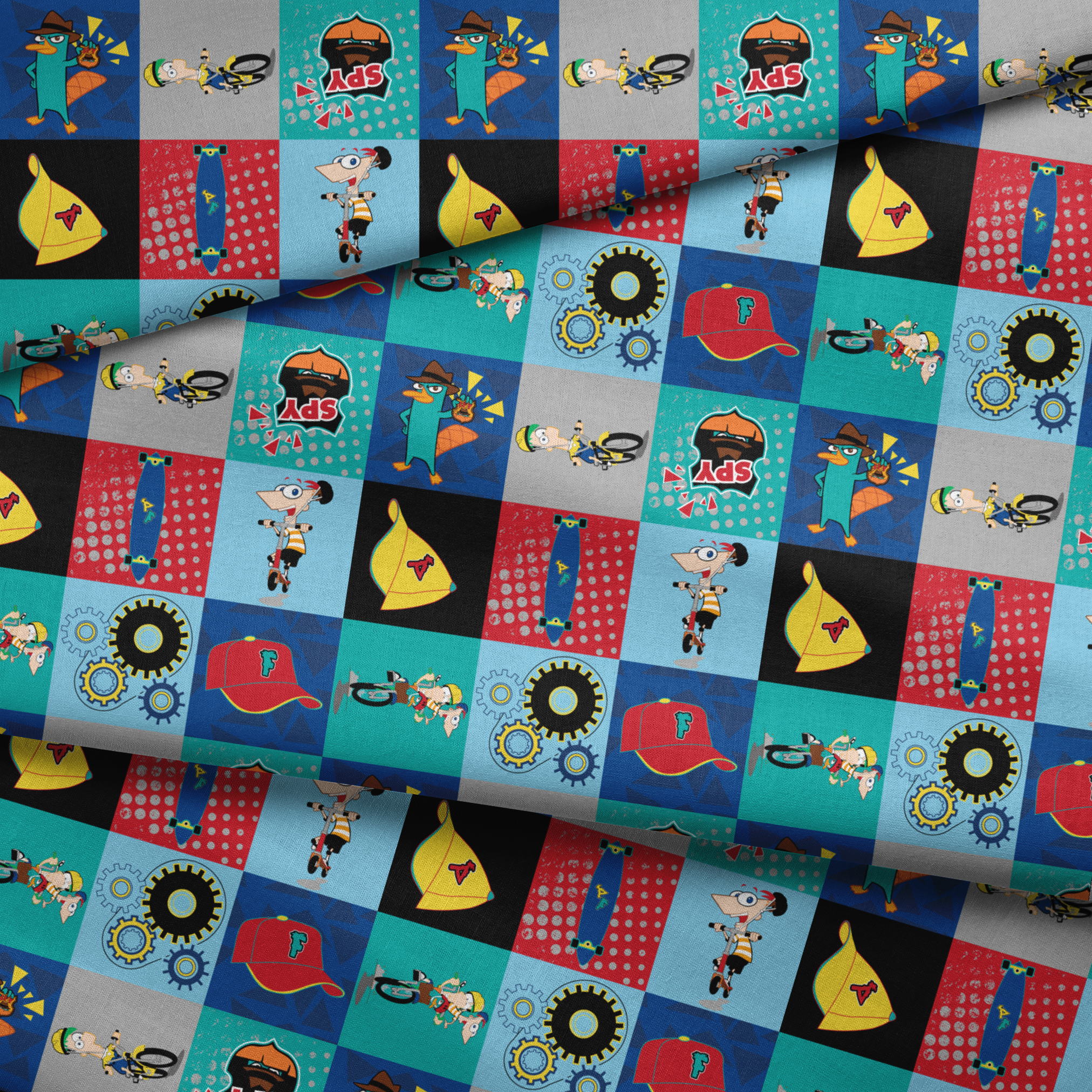 Phineas and Ferb cartoon characters in 9-square grid featuring Perry, logos, and mechanical designs fabric fold mockup