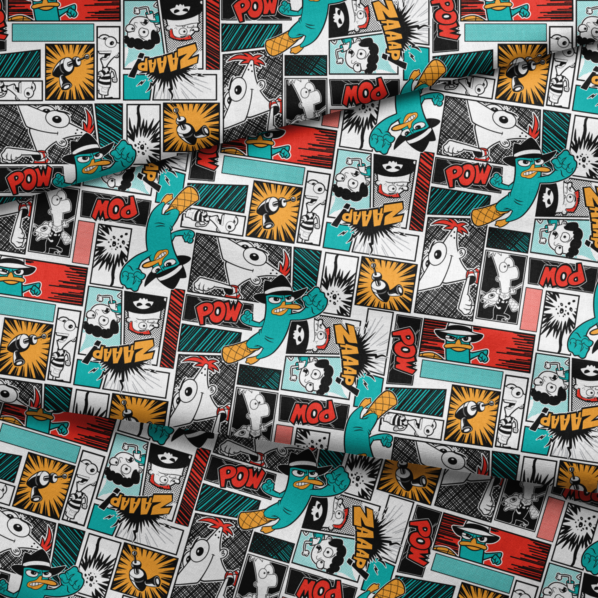 Comic book style pattern with colorful panels featuring sound effects like POW, BANG, and WHAM on red, blue, and black backgrounds fabric fold mockup