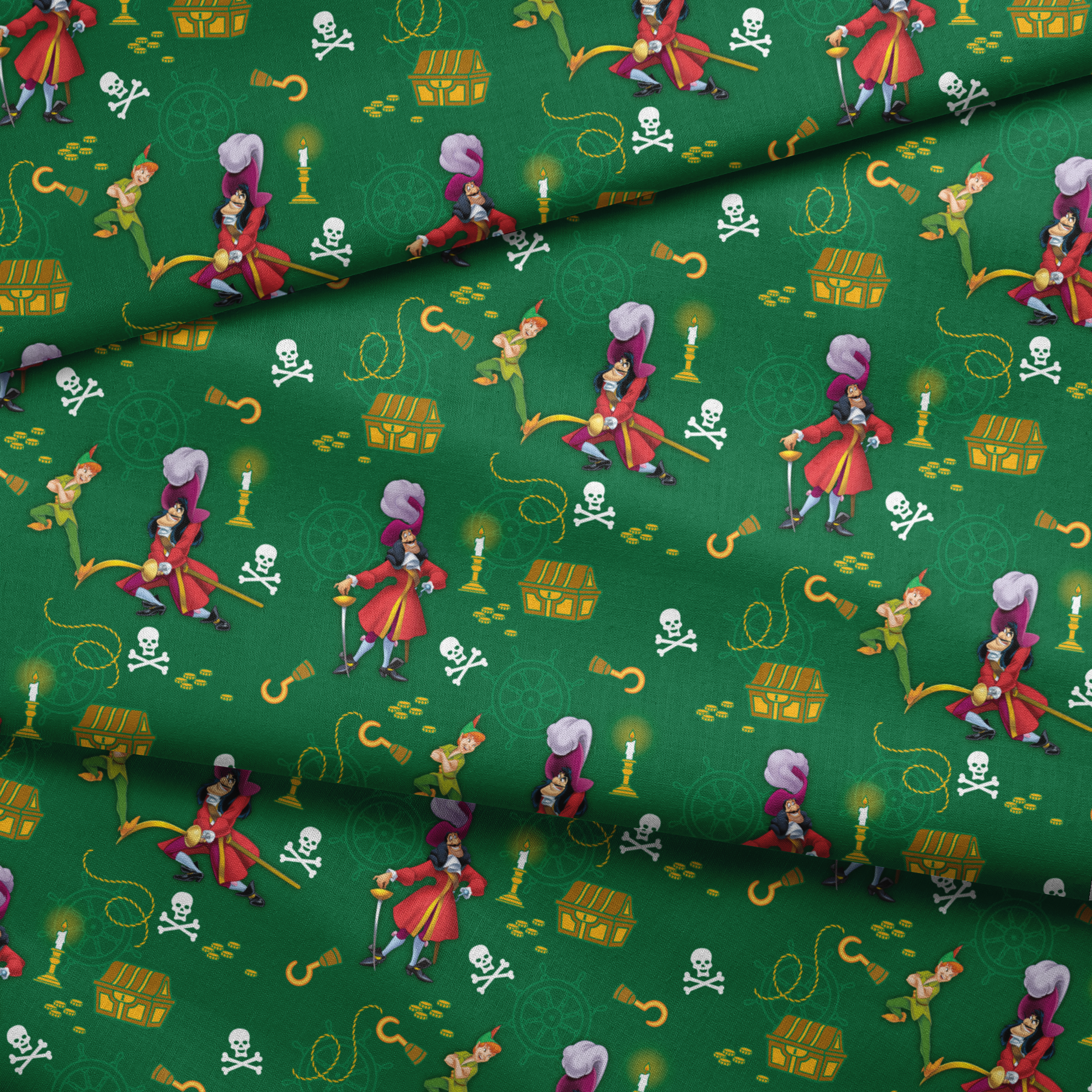 Peter Pan-themed pattern with Captain Hook, treasure chests, skulls, and golden hooks on green background. fabric fold mockup