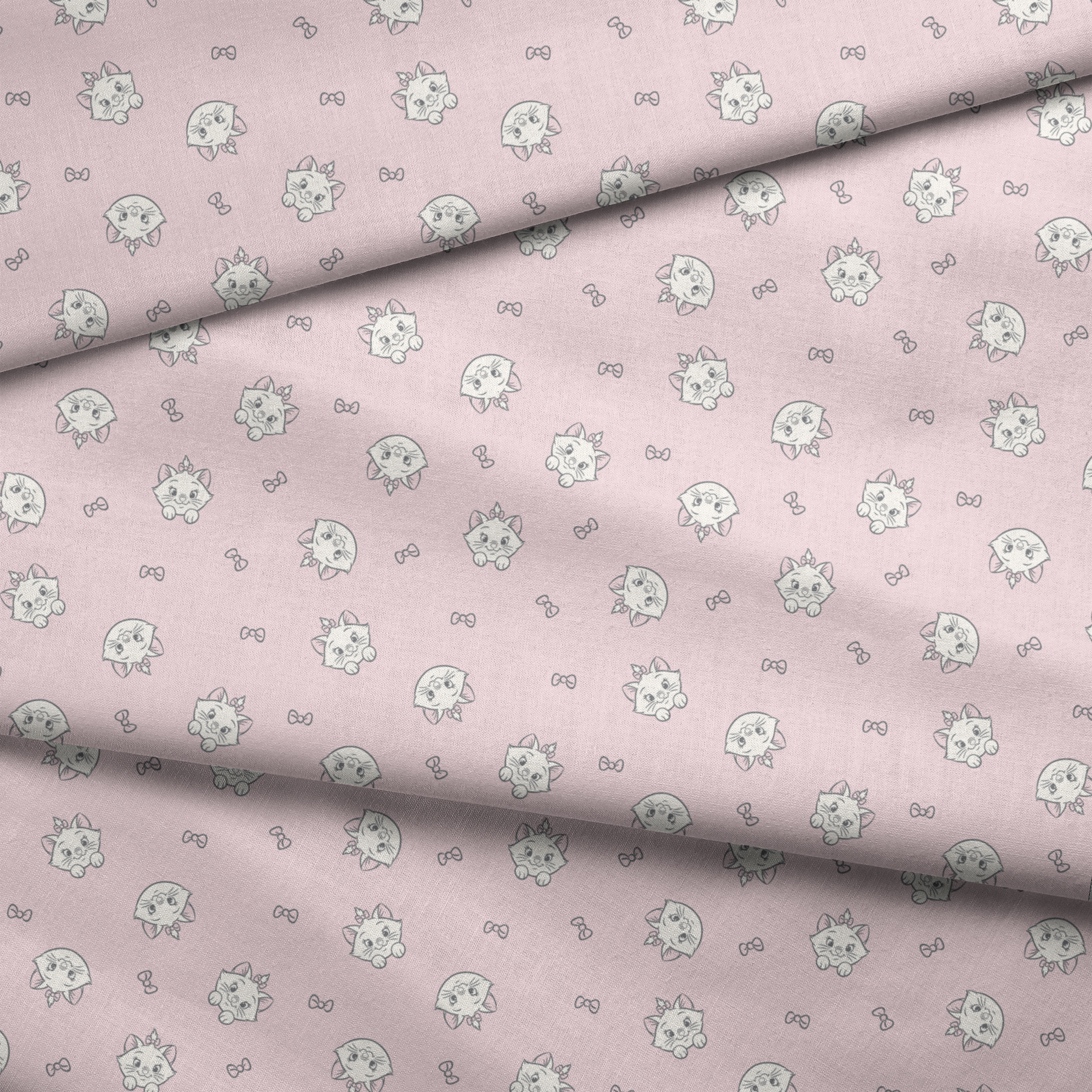 Cute cartoon cat faces with bows pattern on light pink background fabric fold mockup