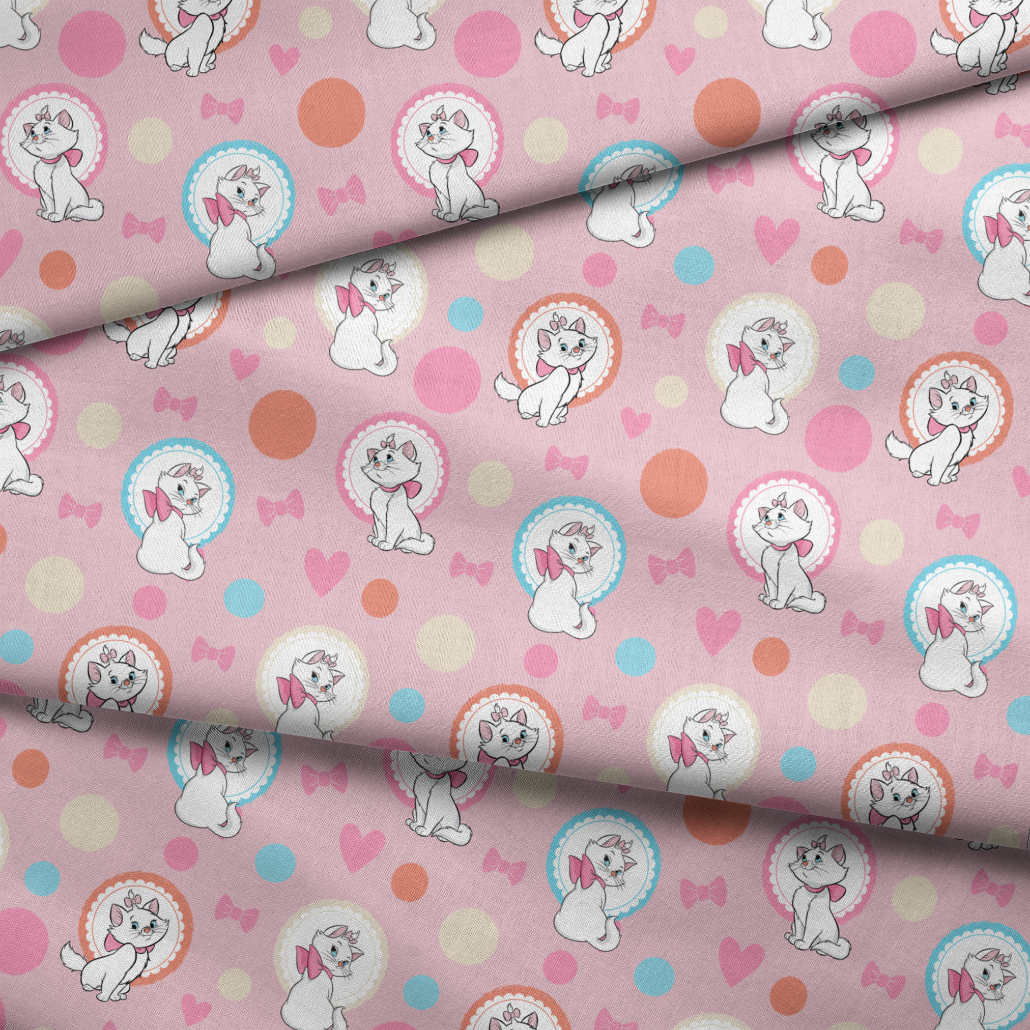 Marie from The Aristocats with pink bows in decorative circular frames on pink polka dot background with bow motifs fabric fold mockup