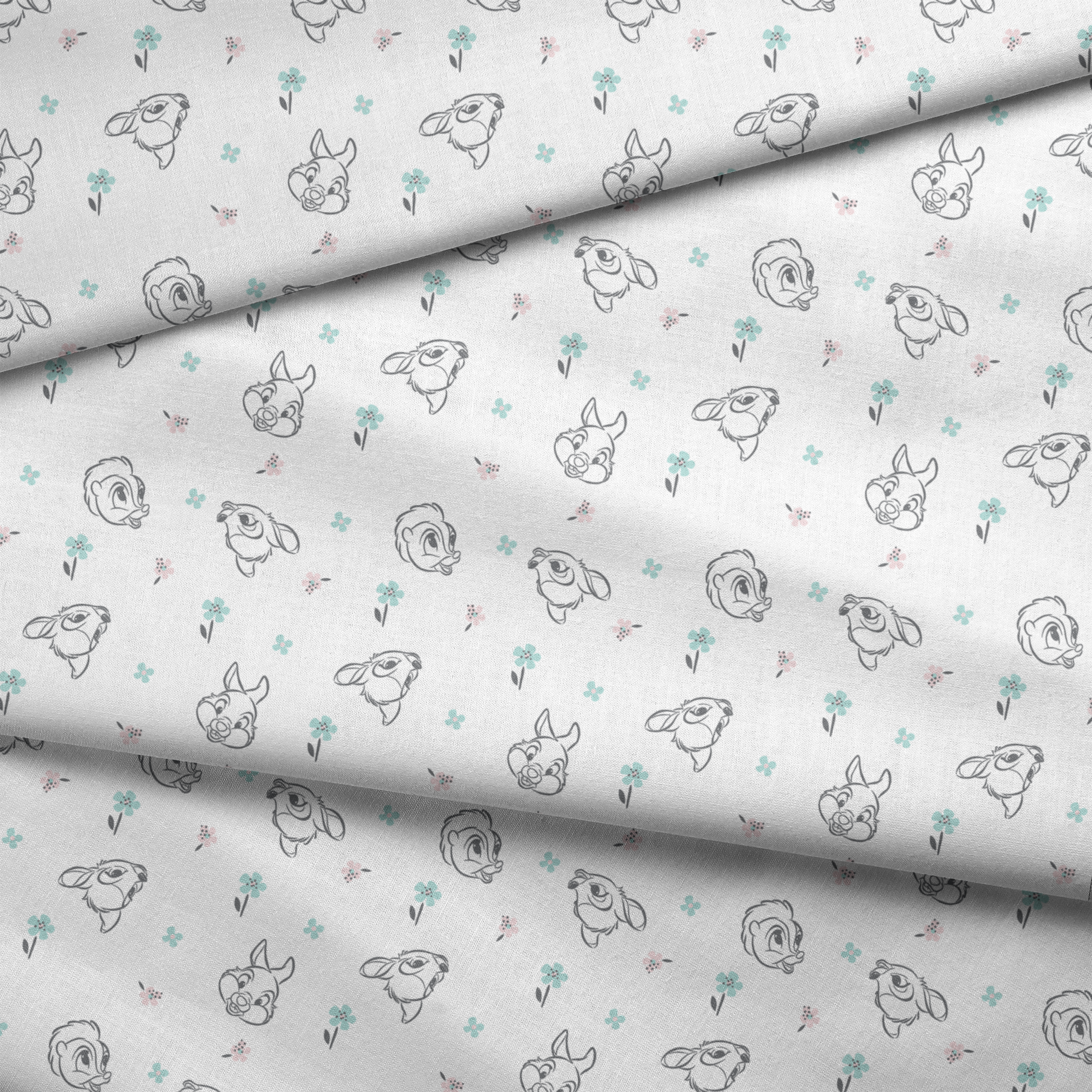 Sketch-style animals from Disney Bambi with pastel flowers on a white background. fabric fold mockup