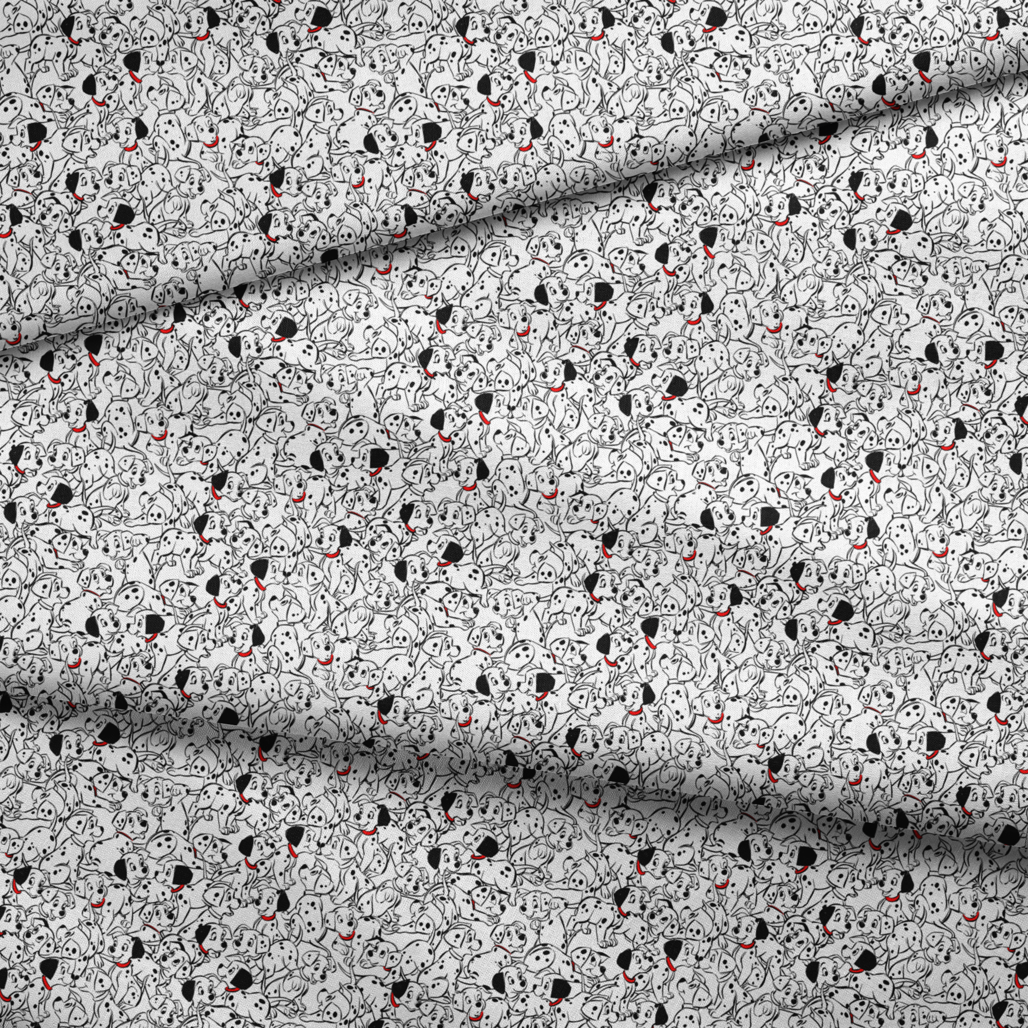 A densely packed pattern of Dalmatian puppies with black spots and red collars, creating a whimsical black and white illustration. fabric fold mockup