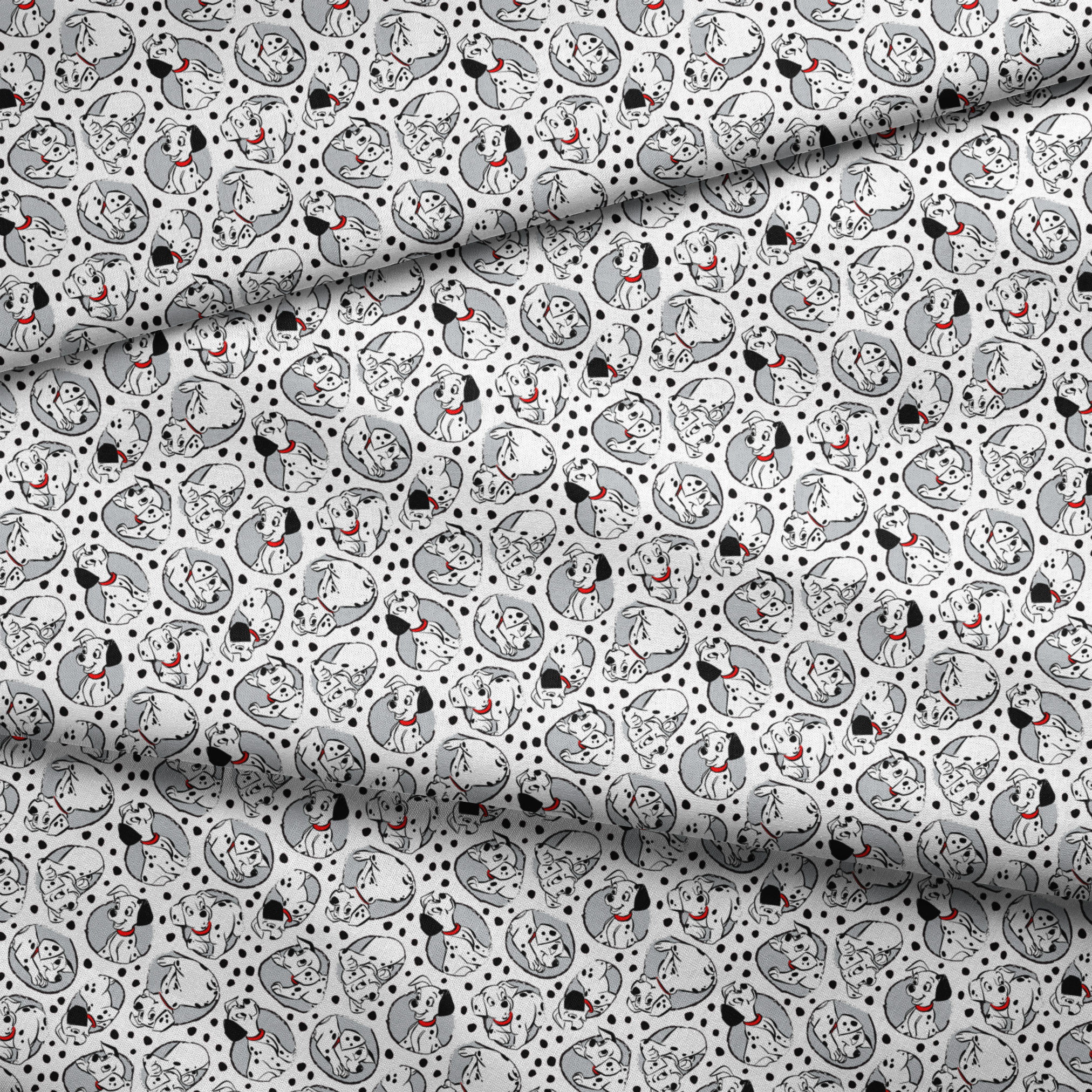 Cartoon pattern of Dalmatian puppies with black spots and red collars on white background fabric fold mockup