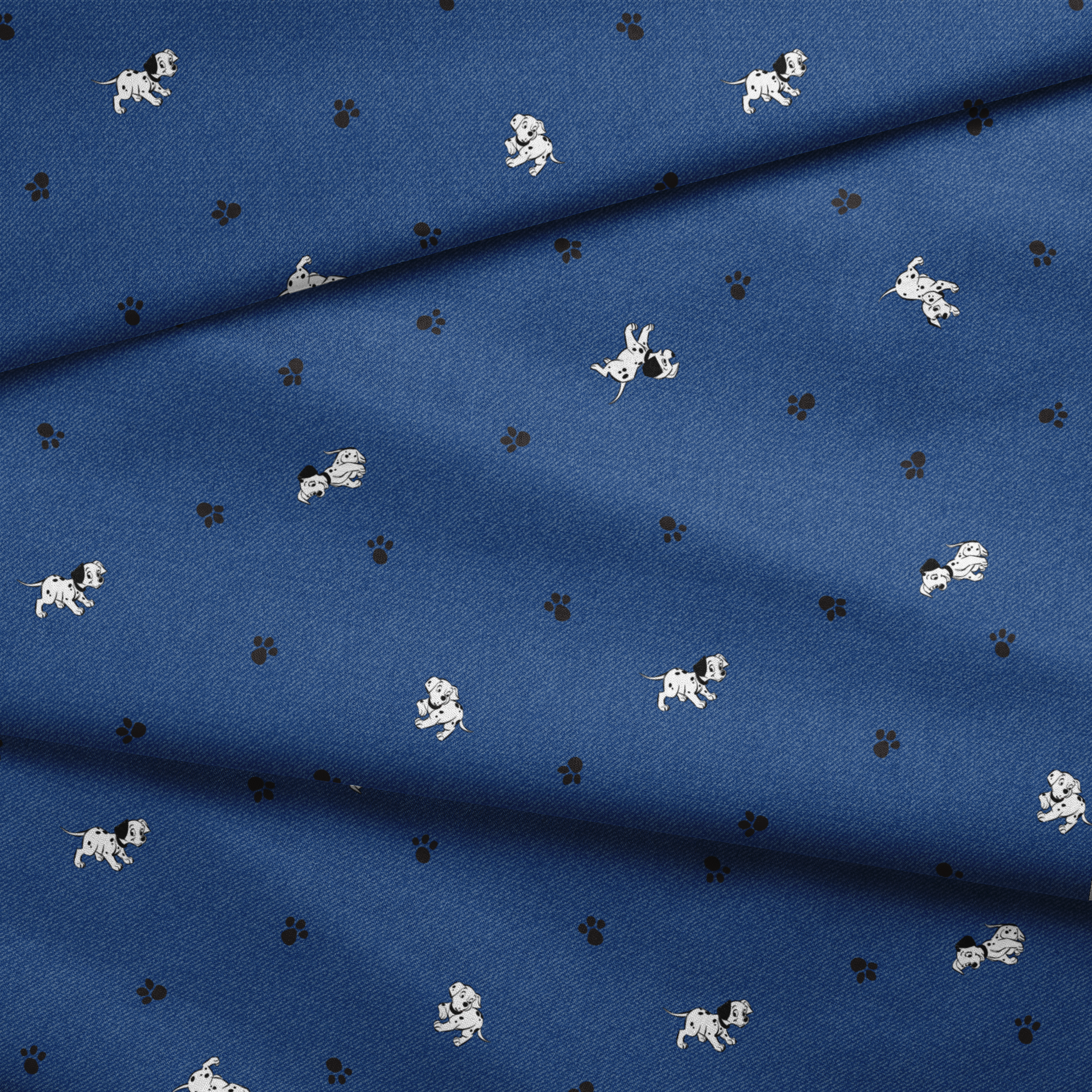 Blue background with small white cartoon-style space astronauts and black paw prints scattered across the pattern fabric fold mockup