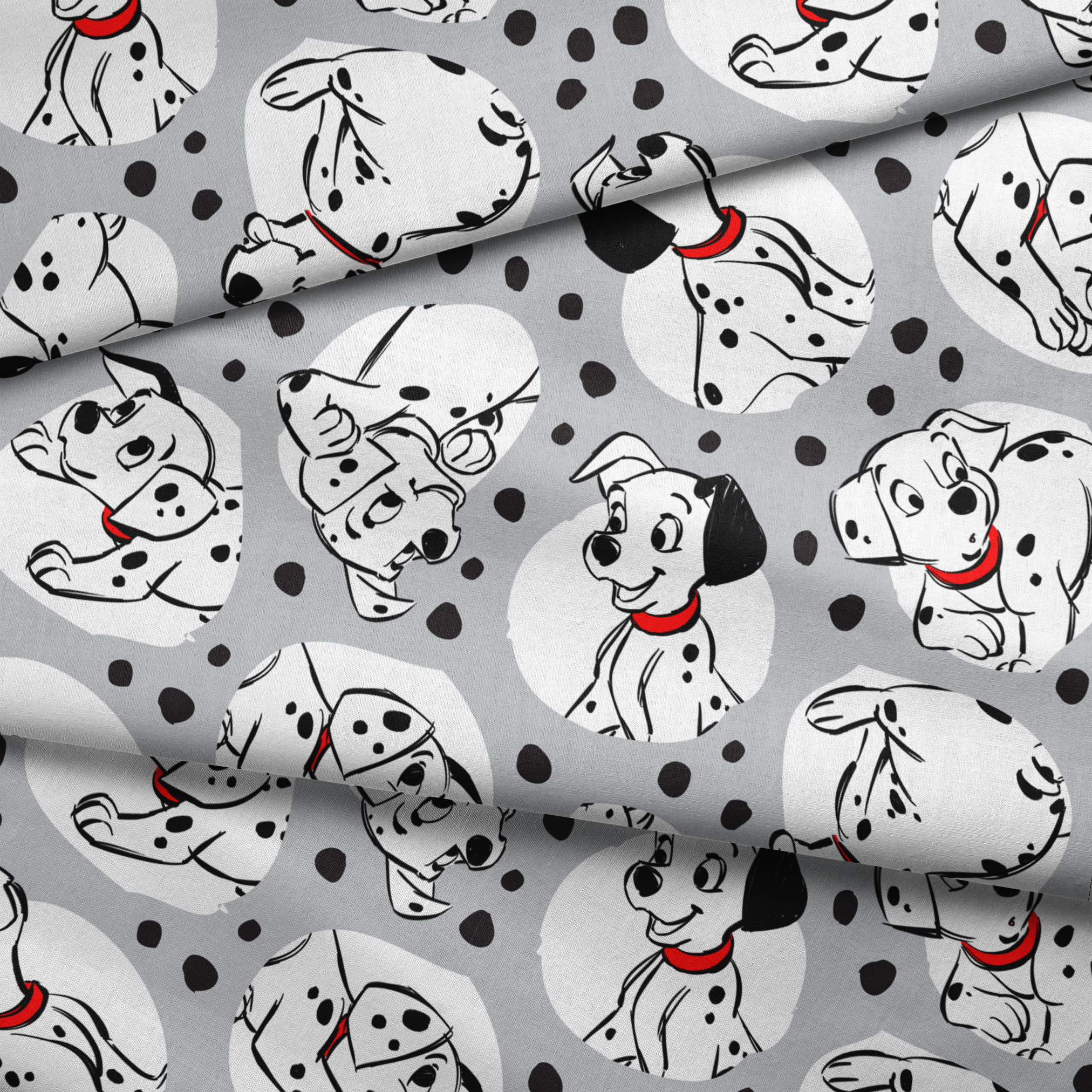 Cartoon Dalmatian dogs with red collars on gray background with black spots pattern fabric fold mockup