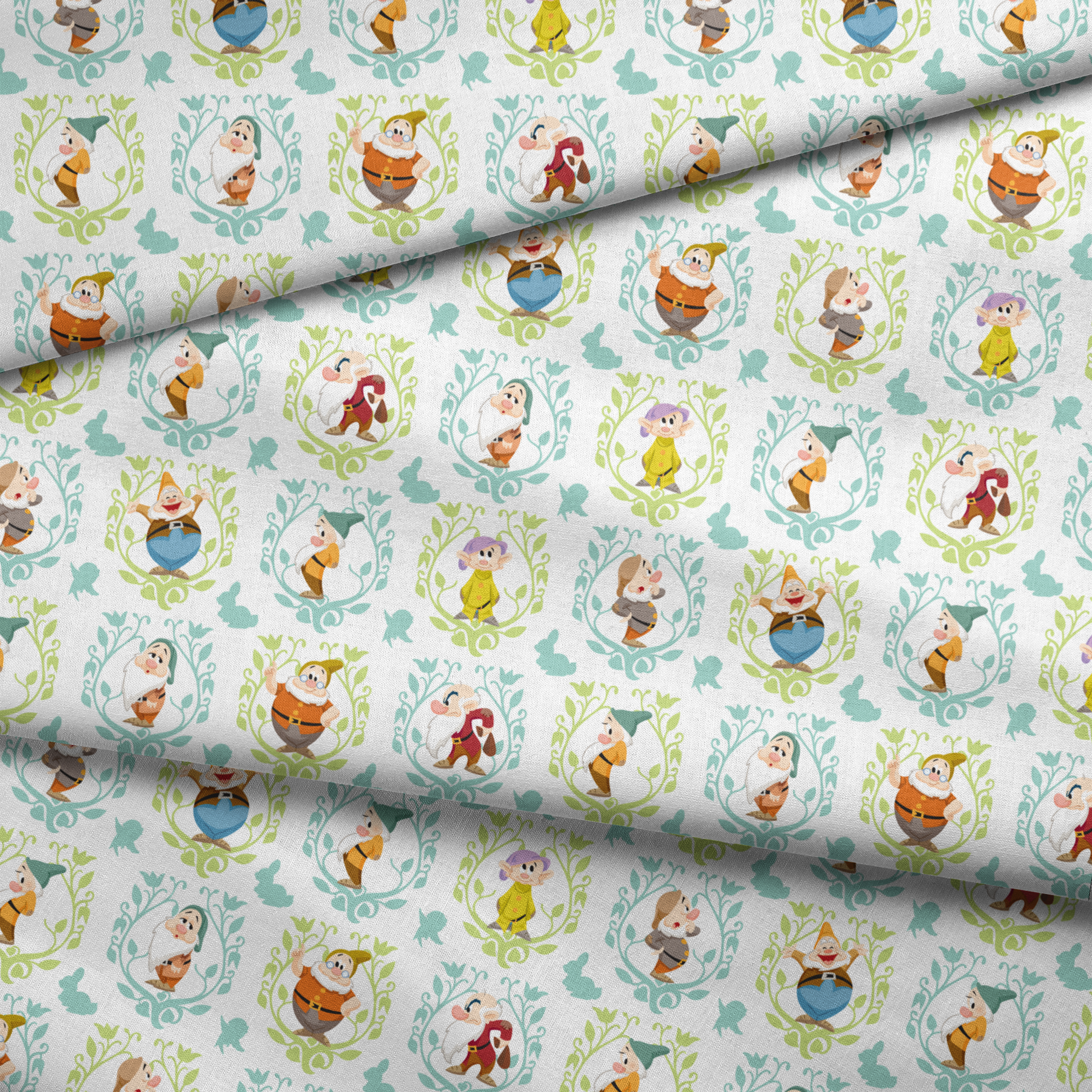Cartoon pattern of Snow White's seven dwarfs in decorative floral frames on light background fabric fold mockup