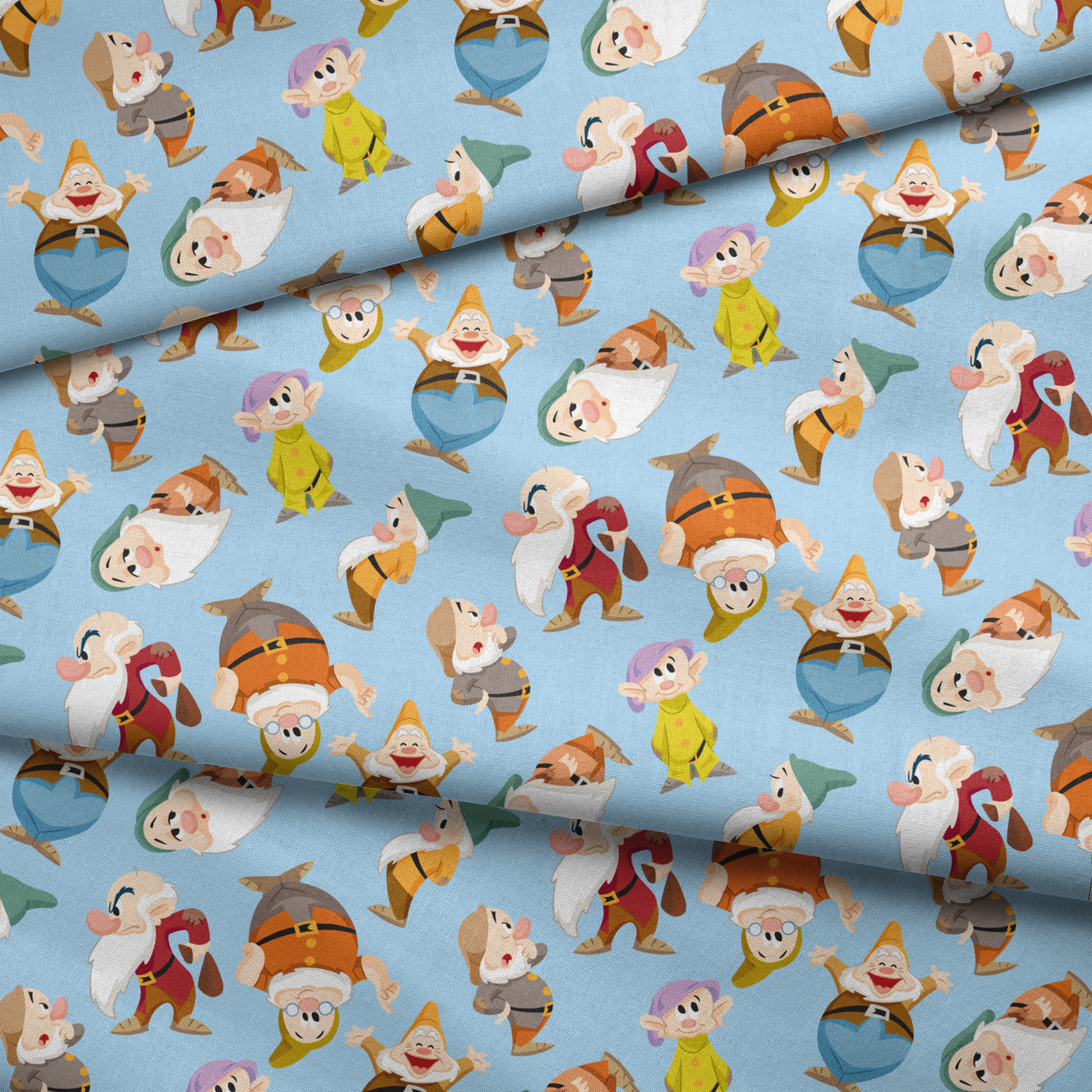 Pattern of cartoon dwarfs in colorful outfits on light blue background fabric fold mockup