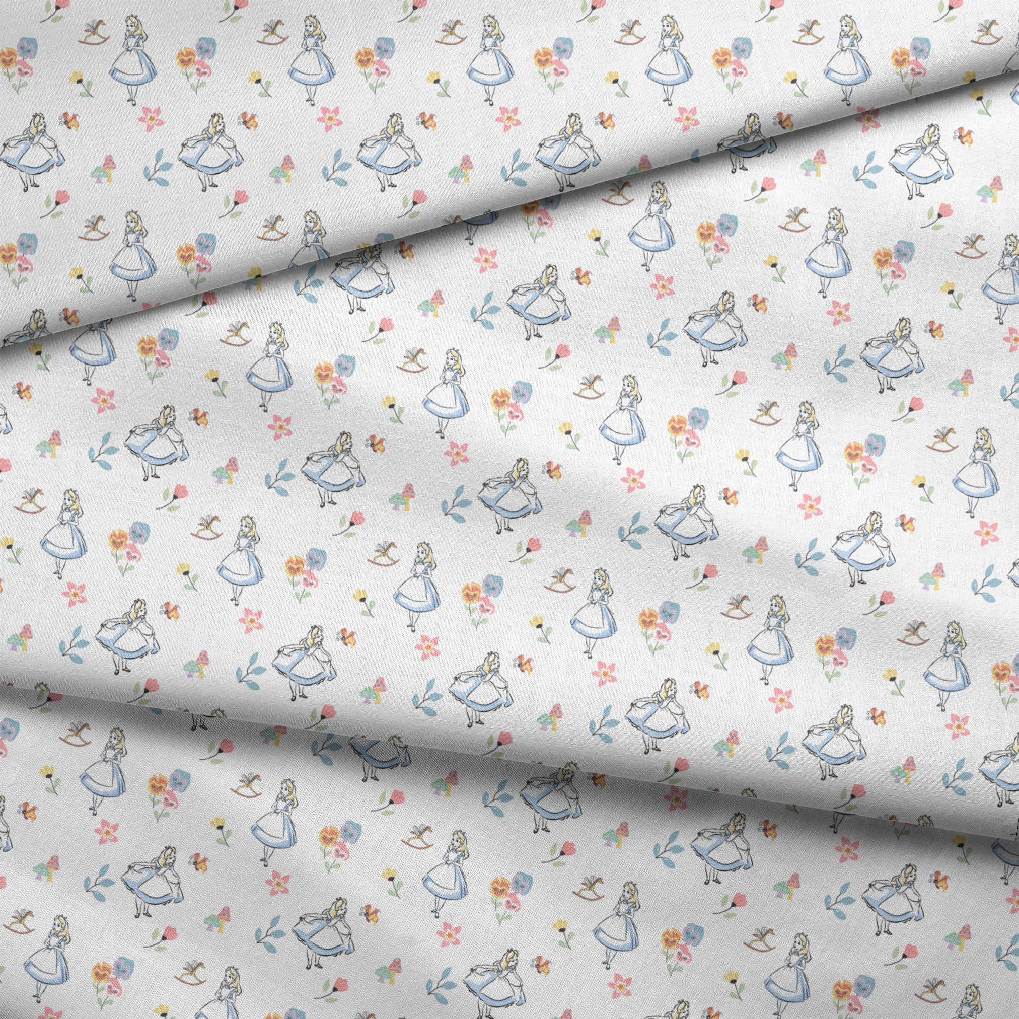 Whimsical pattern featuring character in blue dress with flowers, mushrooms, and rocking horse fabric fold mockup