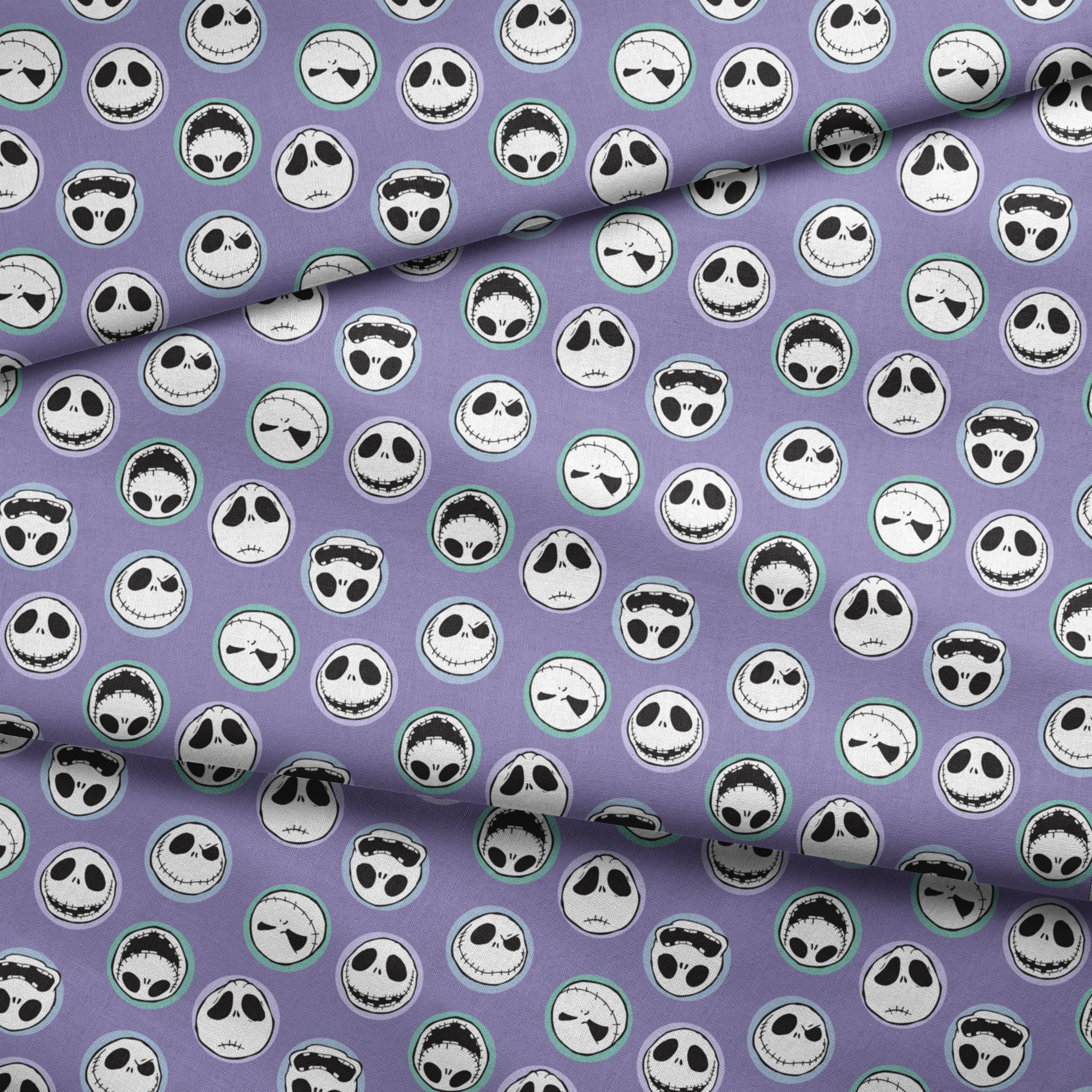 Repeating skull faces with stitched mouths and large eyes on purple background in cartoon style fabric fold mockup