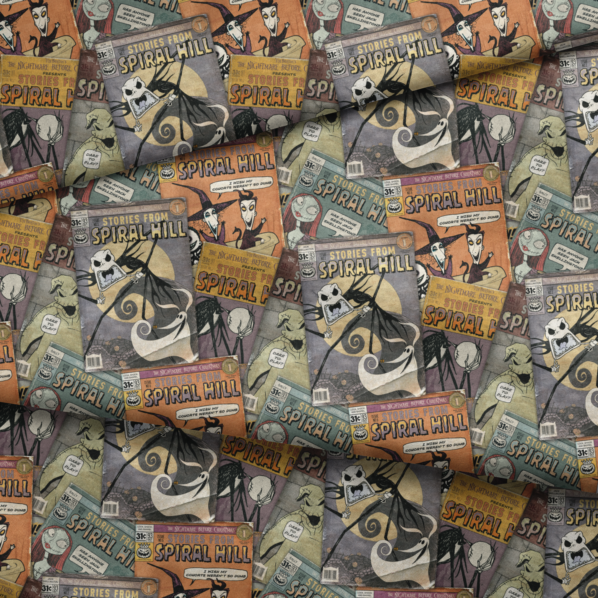 Vintage-style comic books featuring "Stories from Spiral Hill" with spooky skeletal characters on orange and gray covers fabric fold mockup