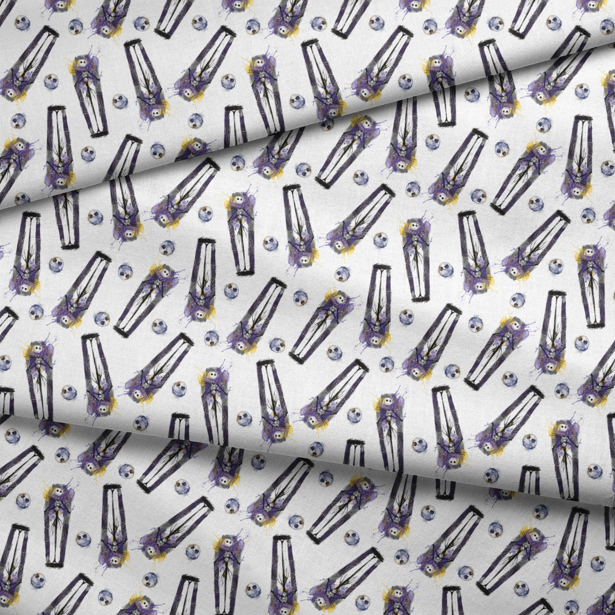 Repeating pattern of stylized gothic figures in black and purple with skull-like faces on white background fabric fold mockup