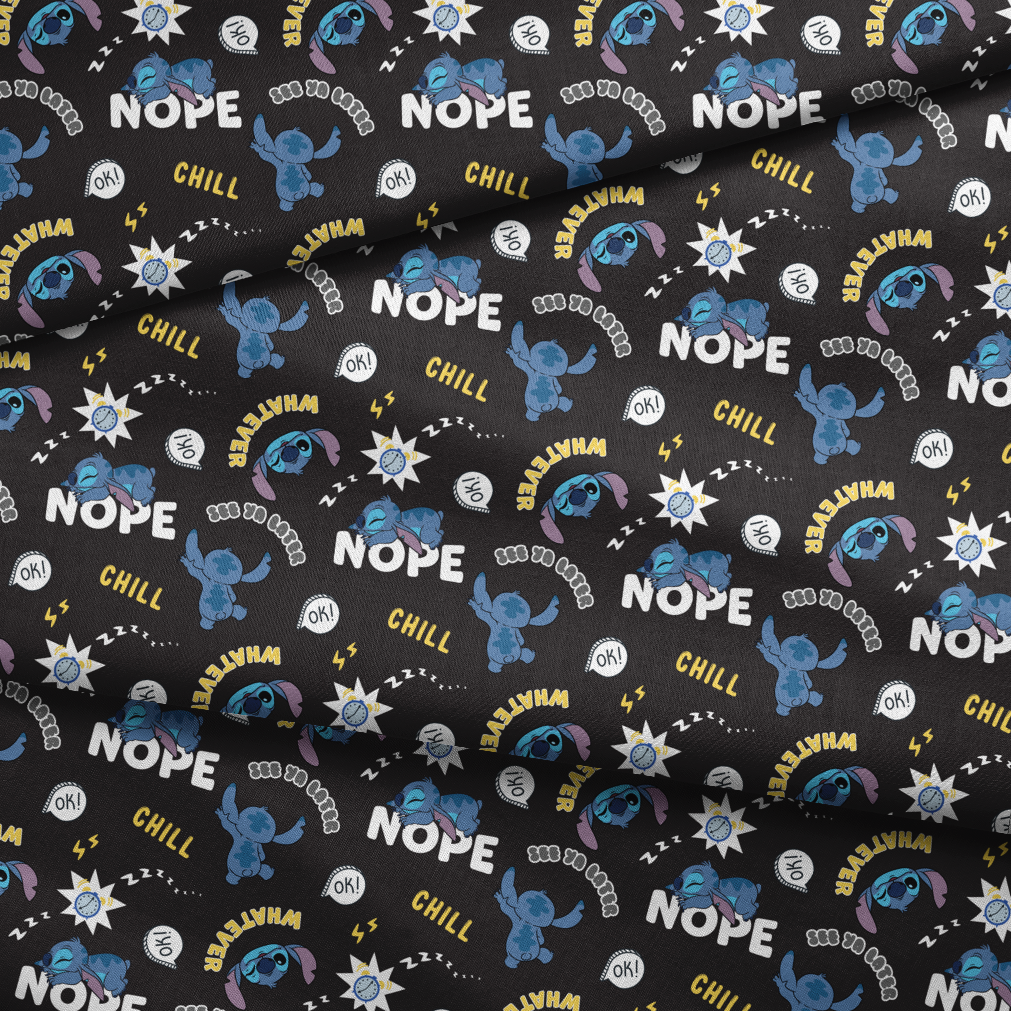 Disney Stitch pattern on black background with text "NOPE," "CHILL," "OK!" and sleep symbols fabric fold mockup